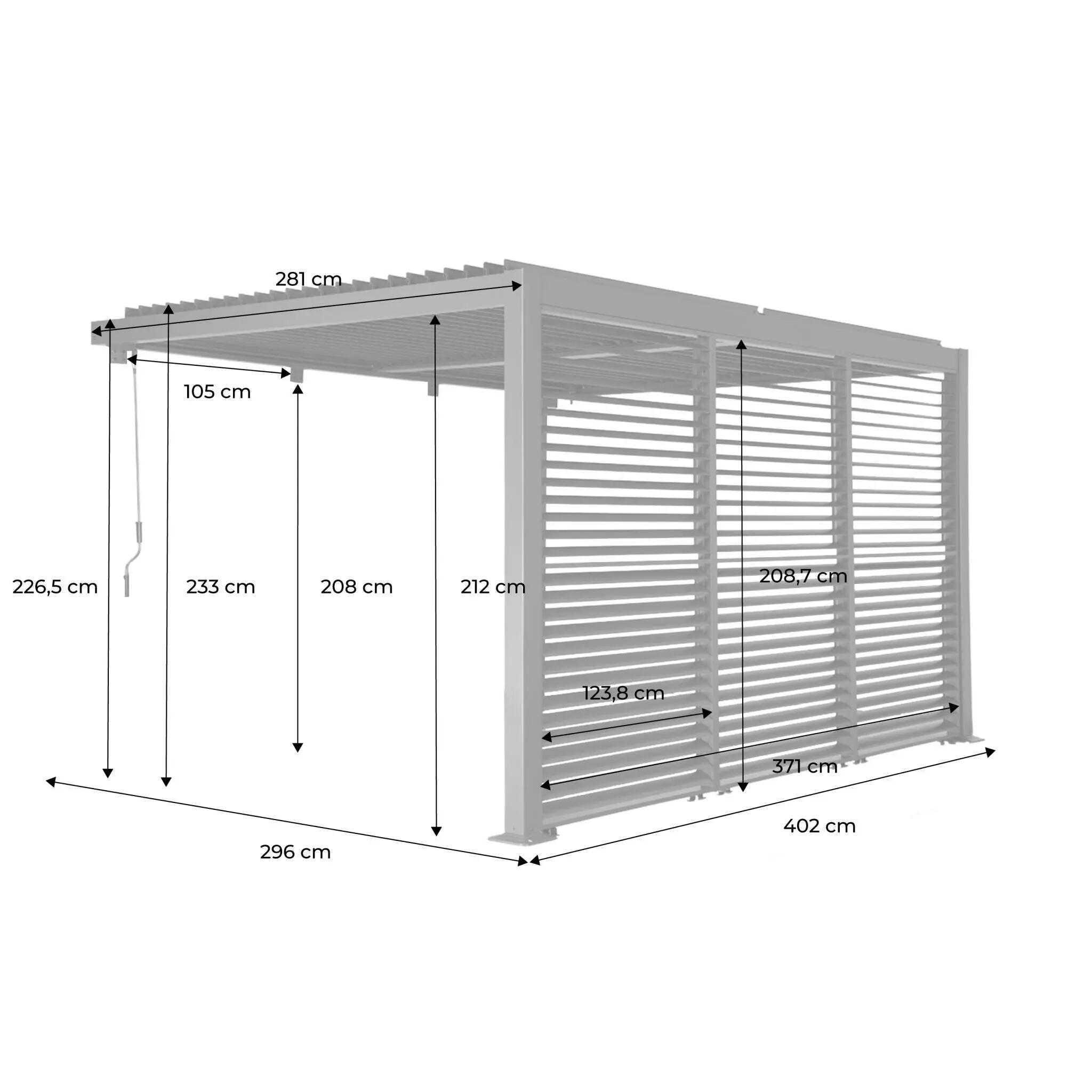 Pérgola bioclimática de aluminio adosada 4x3m + 3 persianas 130cm, Antracita 4/4