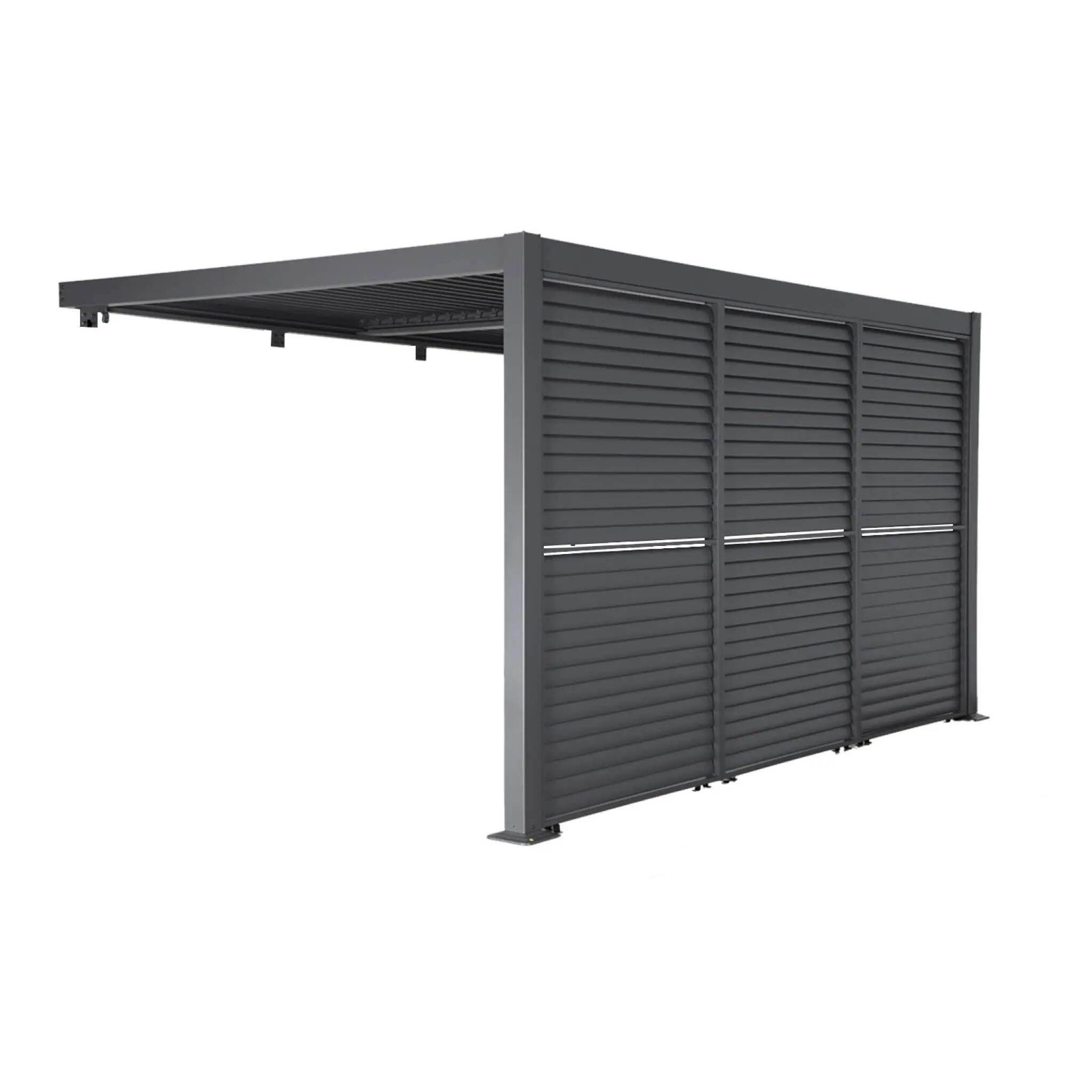 Pérgola bioclimática de aluminio adosada 4x3m + 3 persianas 130cm, Antracita 3/4
