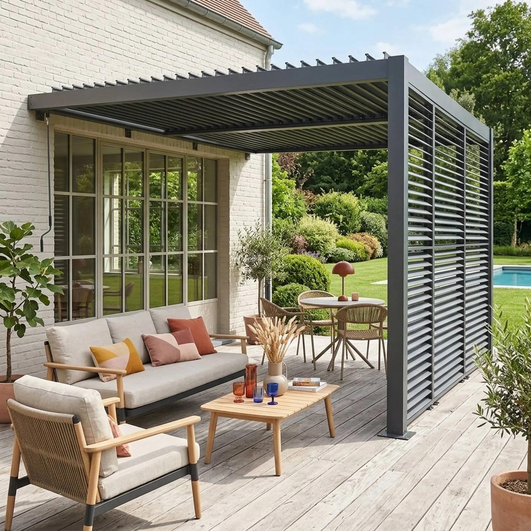 Pérgola bioclimática de aluminio adosada 4x3m + 3 persianas 130cm, Antracita 2/4