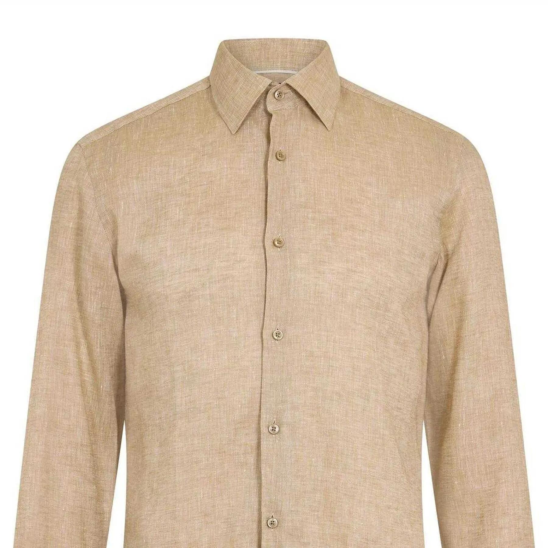 Camicia Formale Lino Collare A Punta Manica Lunga Uomo Boss Beige Chiaro 3/3