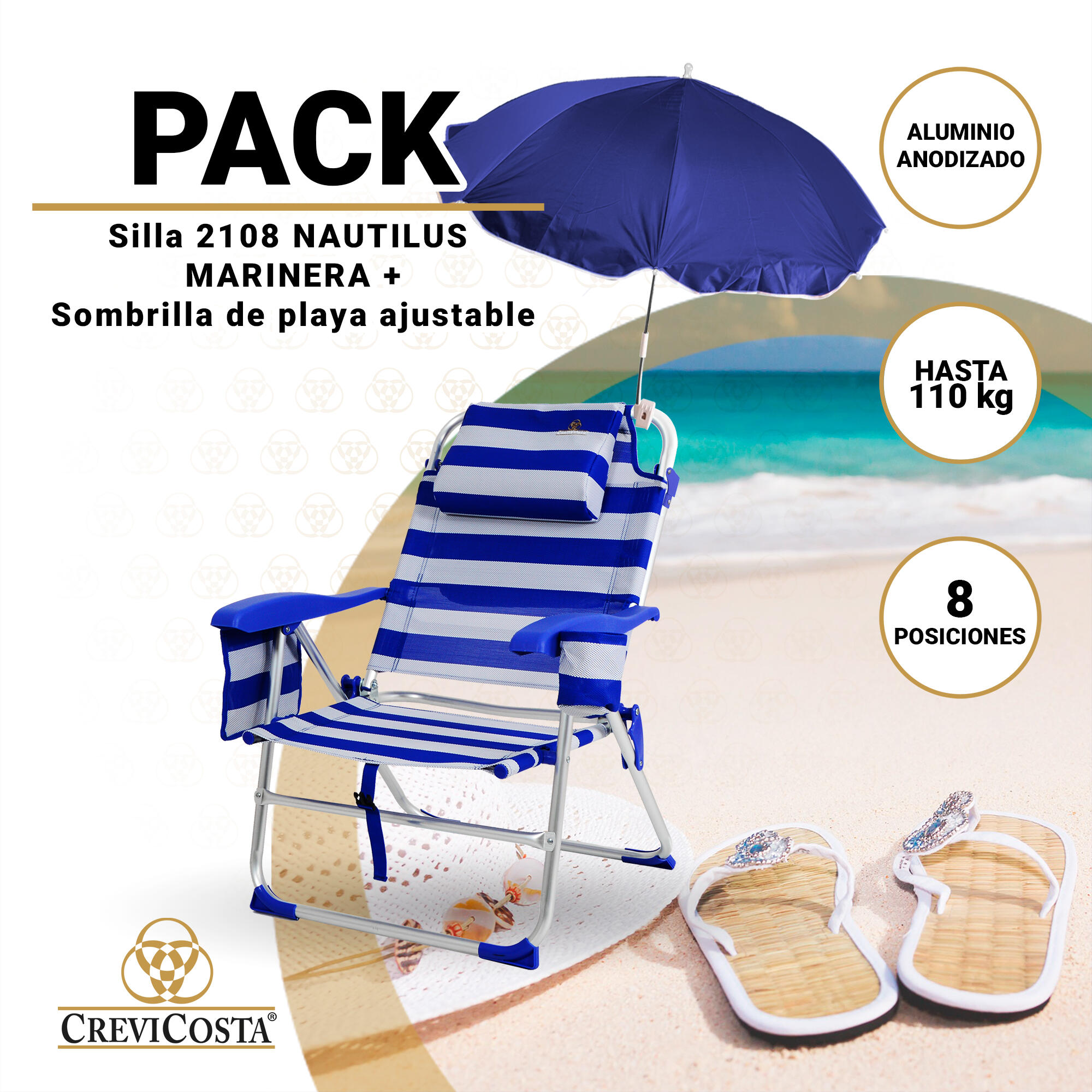 PACK Silla de Playa Nautilus 2108 Marinera + Sombrilla de Nylon 2/6