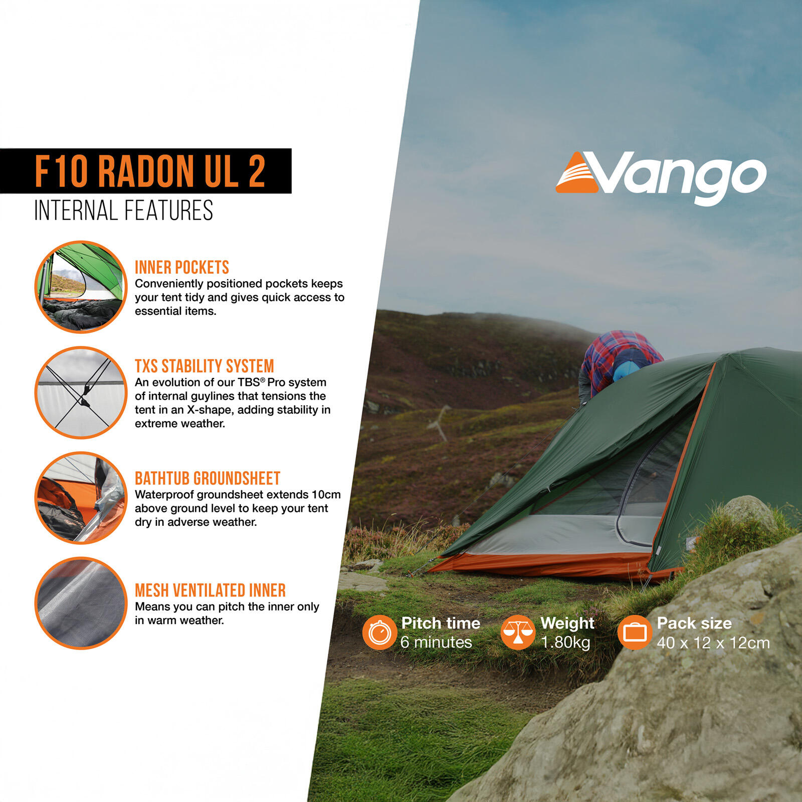 Trekkingzelt Radon UL 2 Personen Camping Fahrrad Einmann Zelt Biwak 1,6 kg 6/7