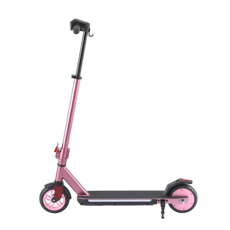 Pink electric scooter with adjustable handlebar, black deck and kickstand.