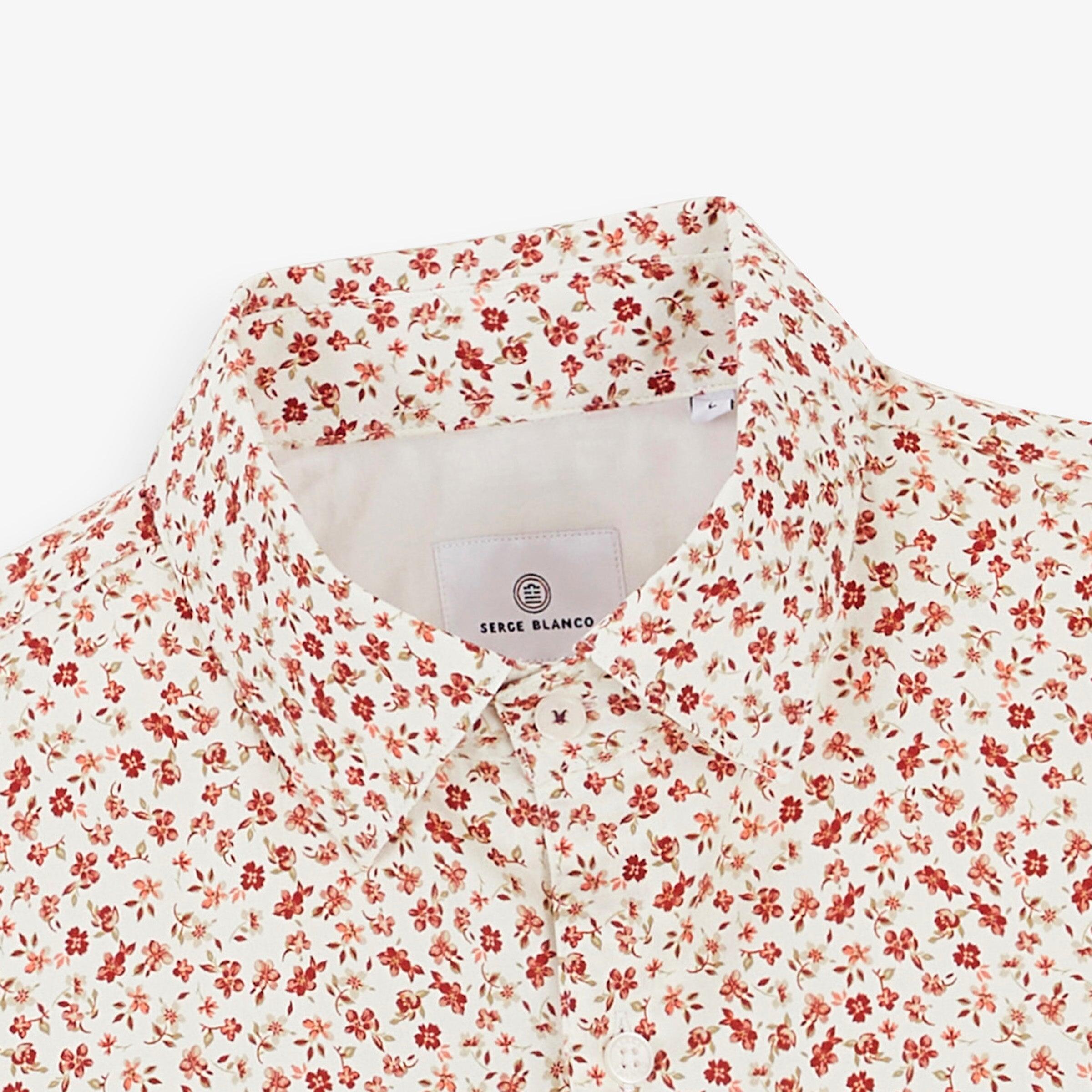 Chemise manches longues coton imprimé petites fleurs rouge cerise 3/4