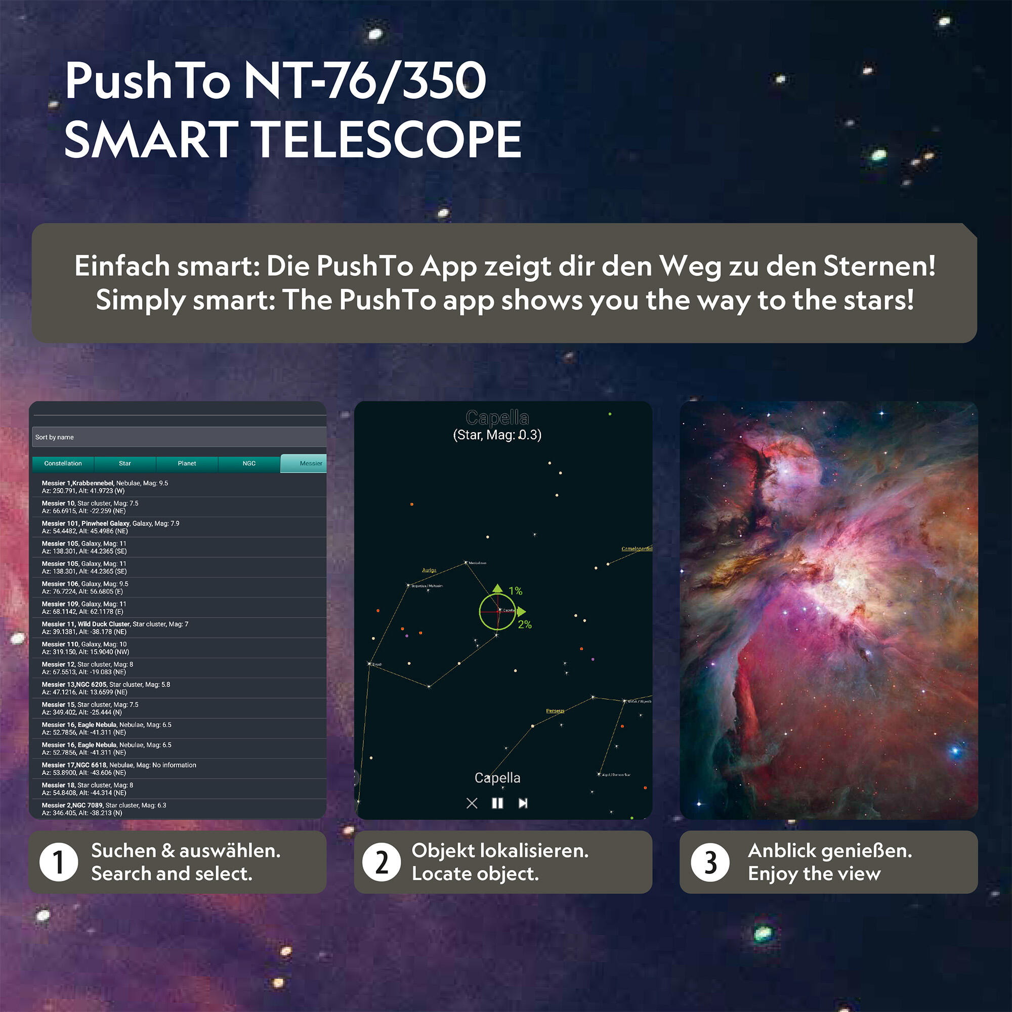 Telescópio inteligente NATIONAL GEOGRAPHIC PushTo NT-76/350 com aplicação 4/7