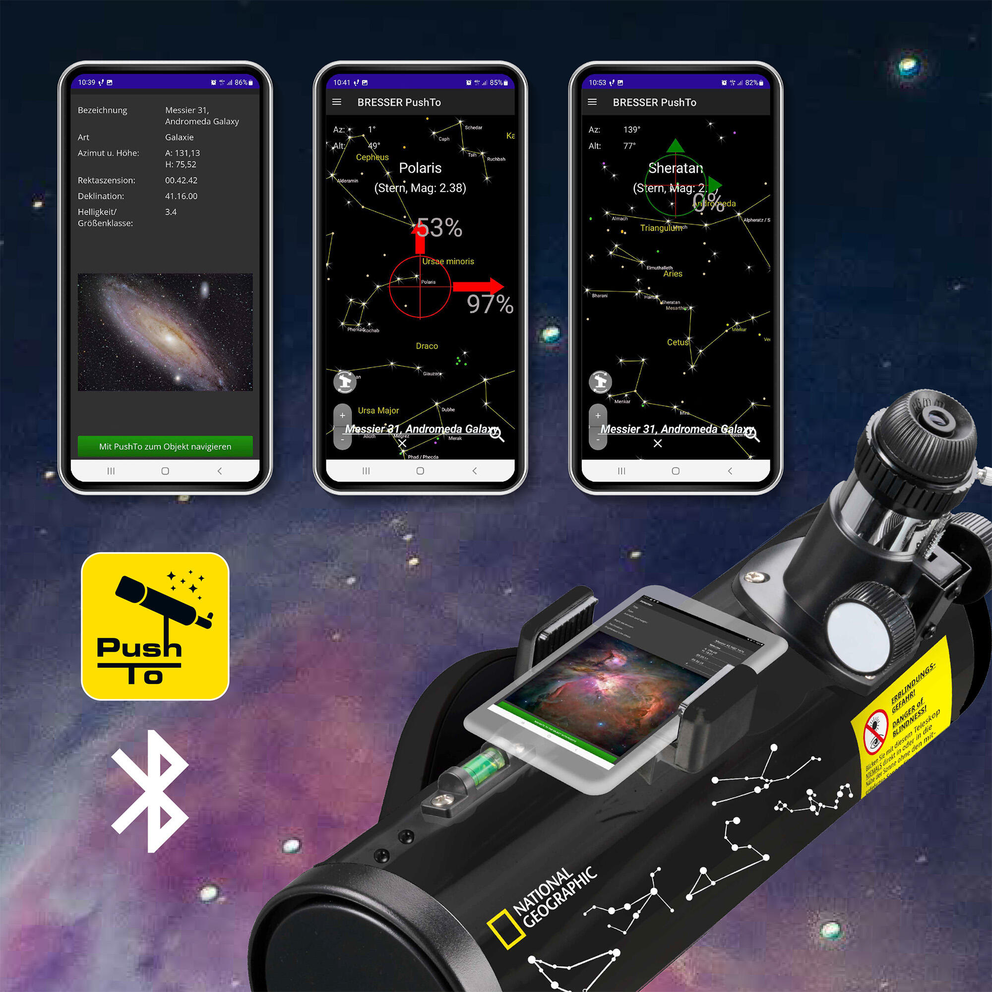 Telescópio inteligente NATIONAL GEOGRAPHIC PushTo NT-76/350 com aplicação 3/7