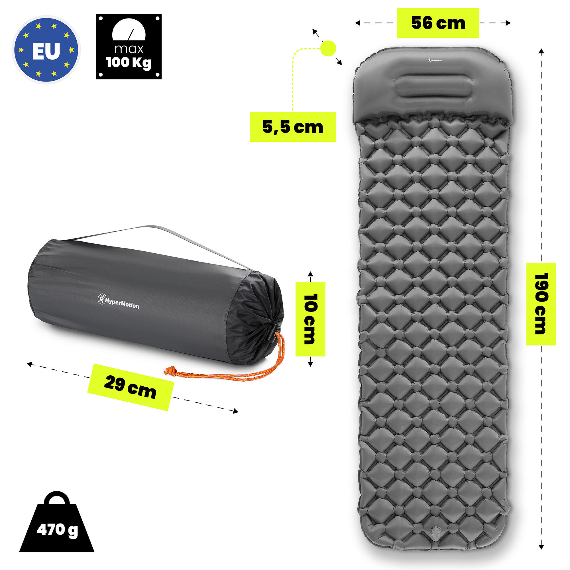 Colchón de acampada - Hinchable ultraligero, almohada - gris 3/9