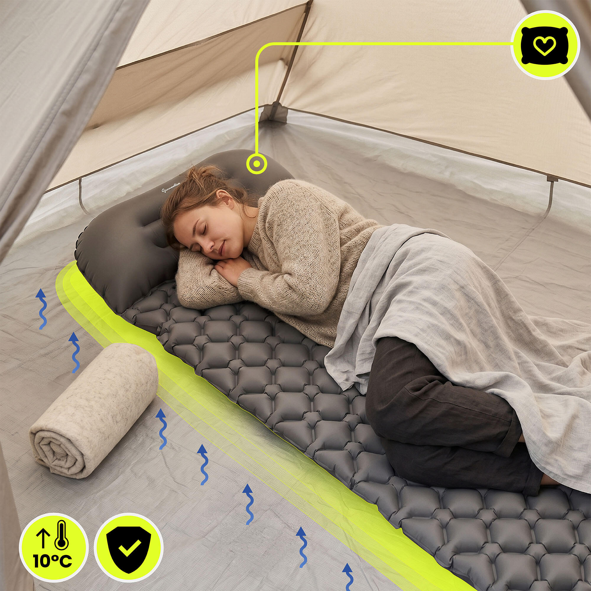 Colchón de acampada - Hinchable ultraligero, almohada - gris 2/9