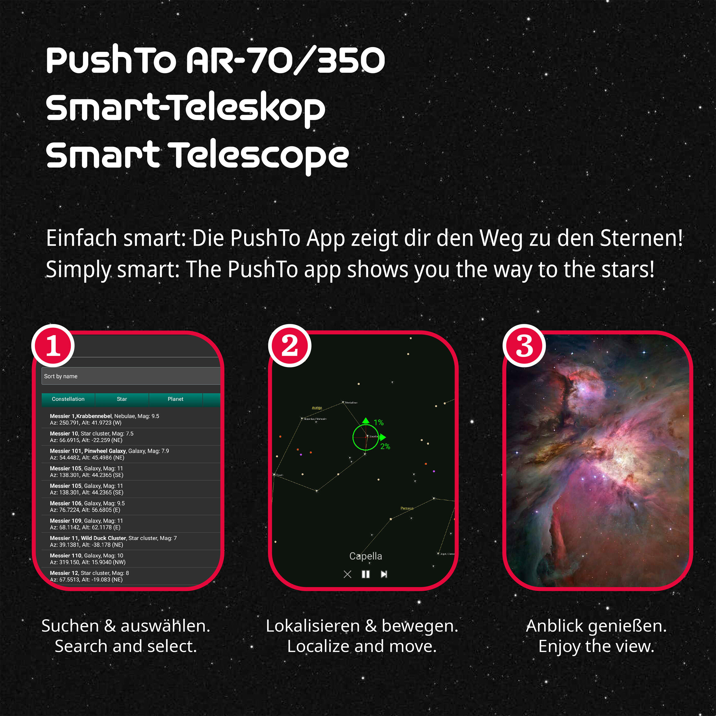 Telescopio inteligente NASA PushTo AR-70/350 con app de navegación 4/7