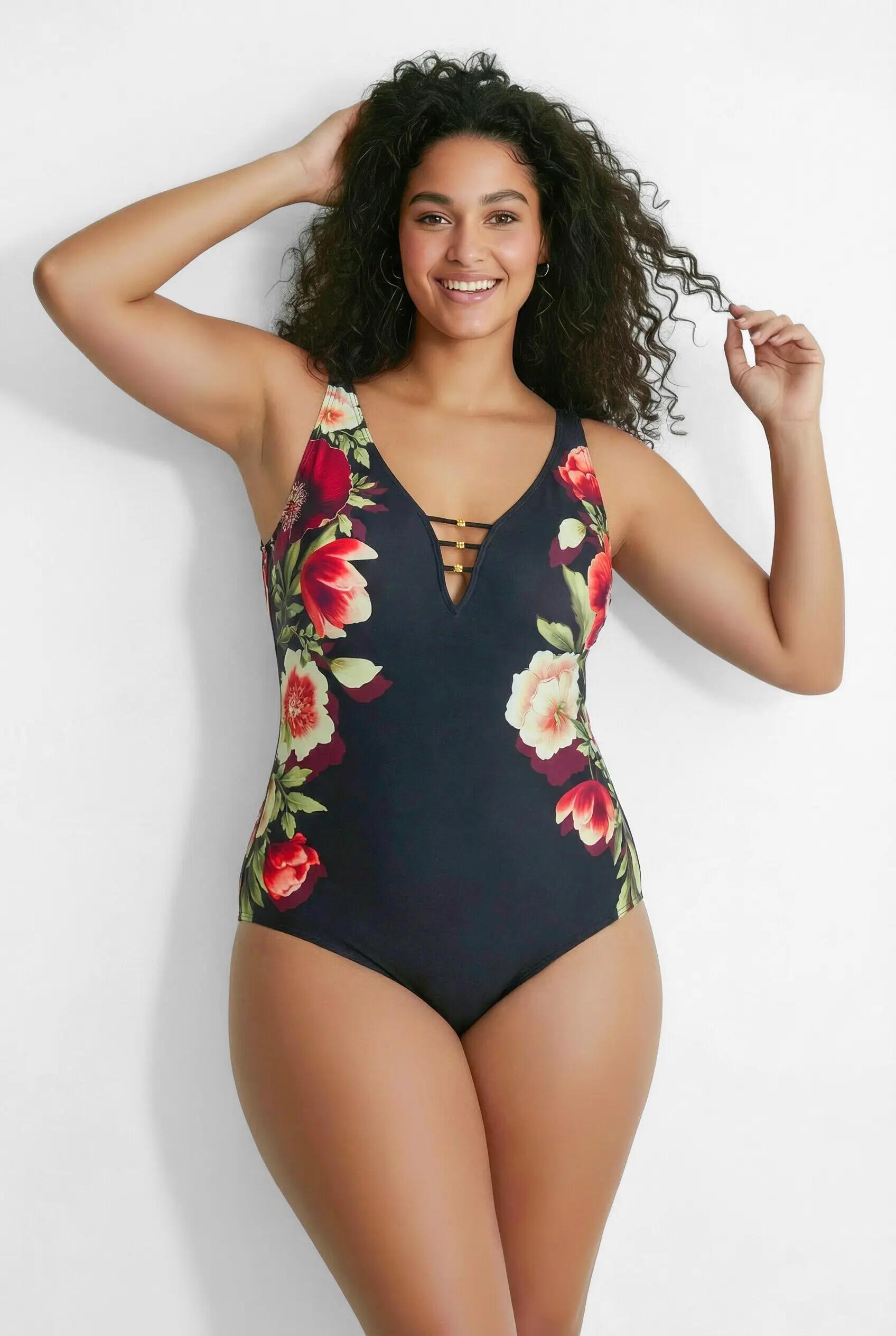 Femme Maillot de bain à bonnets souples cordons fantaisie et motif fleurs 6/7