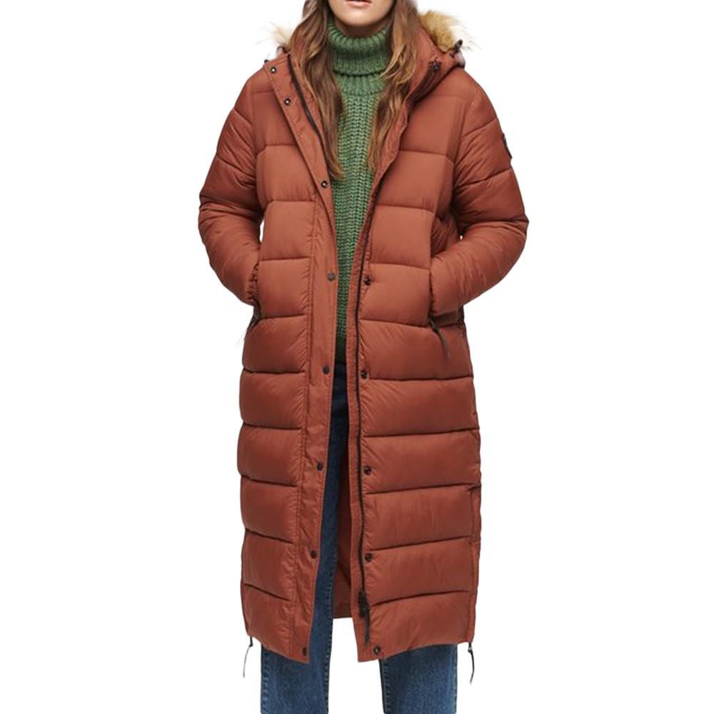 Superdry Women's Longline Faux Fur Padded Coat in Brown
