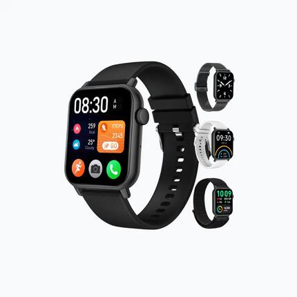 Smartwatch Pro – Belfunktion, Pulsmesser und 4 Armbänder – Schwarz