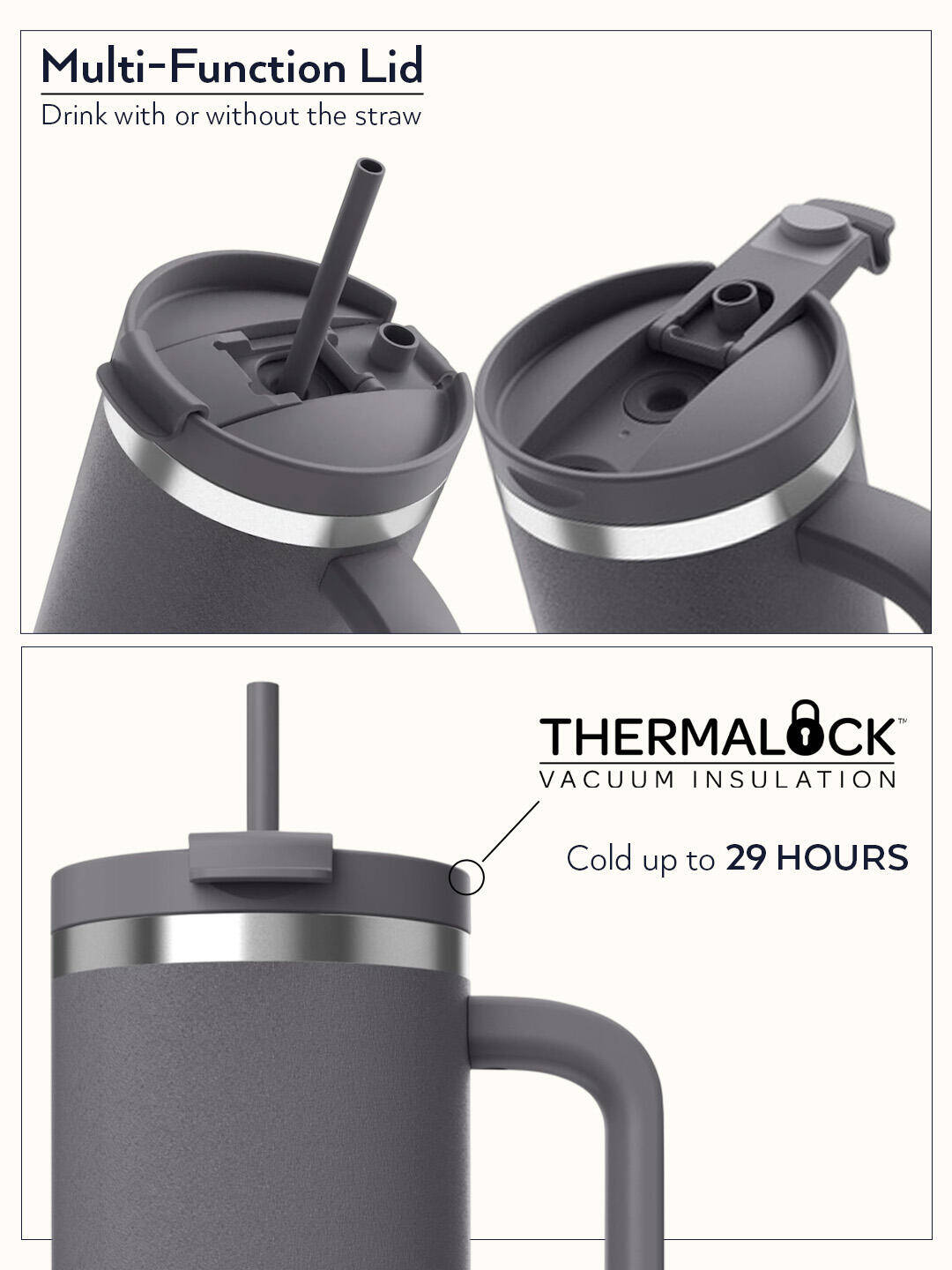 Streeterville THERMALOCK™ Leak-proof Tumbler with Straw & Handle, 1200ml  | Stainless Steel Insulated Water Bottle | Cold for 29 Hours Travel Mug -  3
