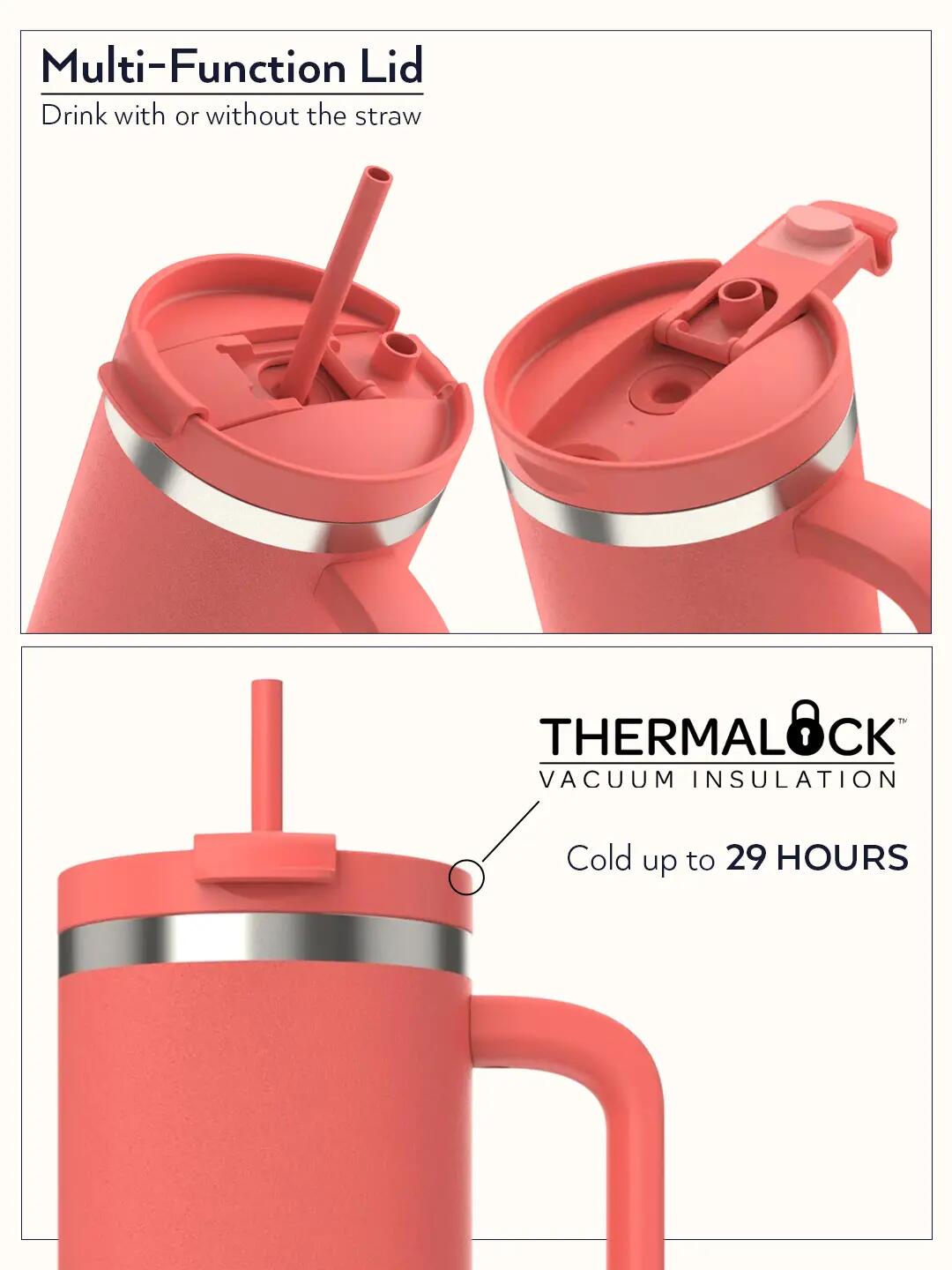Streeterville THERMALOCK™ Leak-proof Tumbler with Straw & Handle, 1200ml  | Stainless Steel Insulated Water Bottle | Cold for 29 Hours Travel Mug -  3