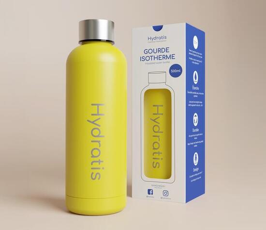 Gourde isotherme jaune de 500ml : 24h chaud, 48h au frais