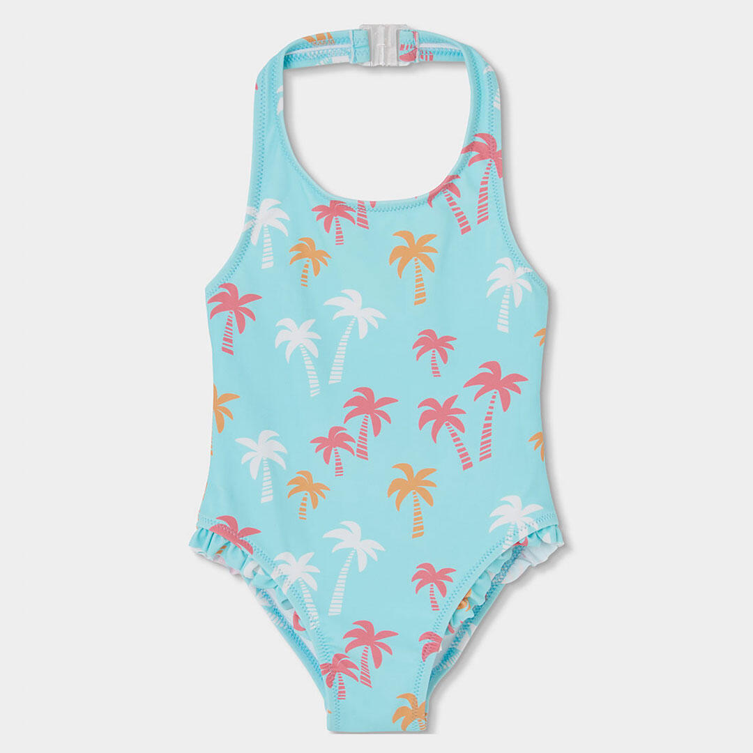 Bañador para niña con estampado de palmeras y protección solar UPF50+ turquesa 1/4