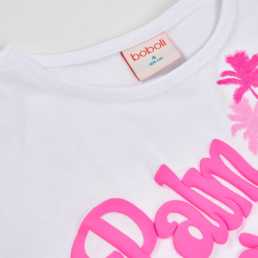 Camiseta de algodón para niña con estampado de palmeras y texto blanca 3/4