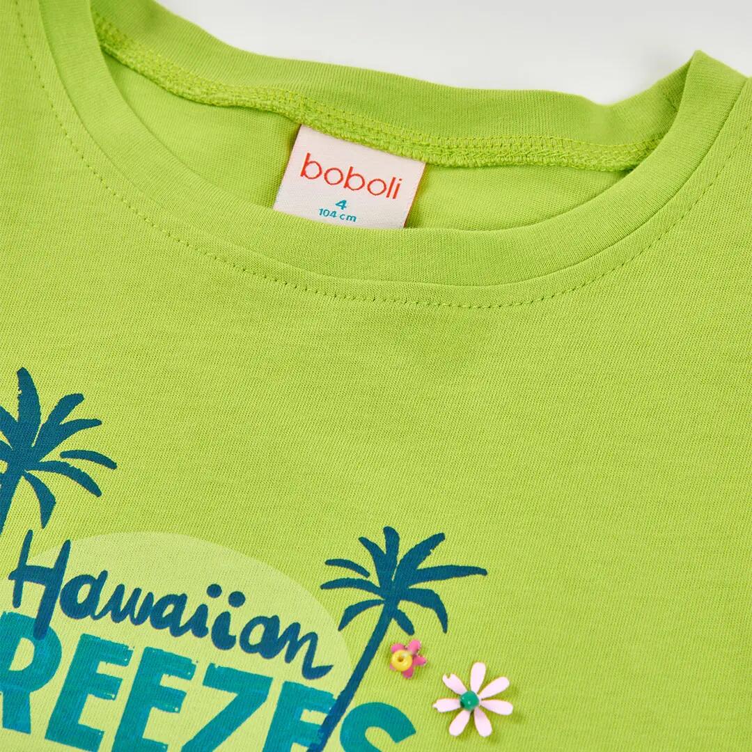 Camiseta de algodón para niña con estampado tropical verde 3/4