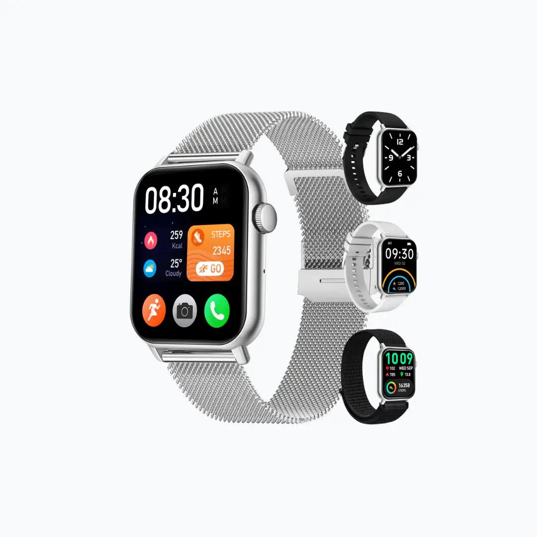 Siltcon Smartwatch Pro met Belfunctie, Hartslagmeter en 4 Bandjes Zilver 1/1