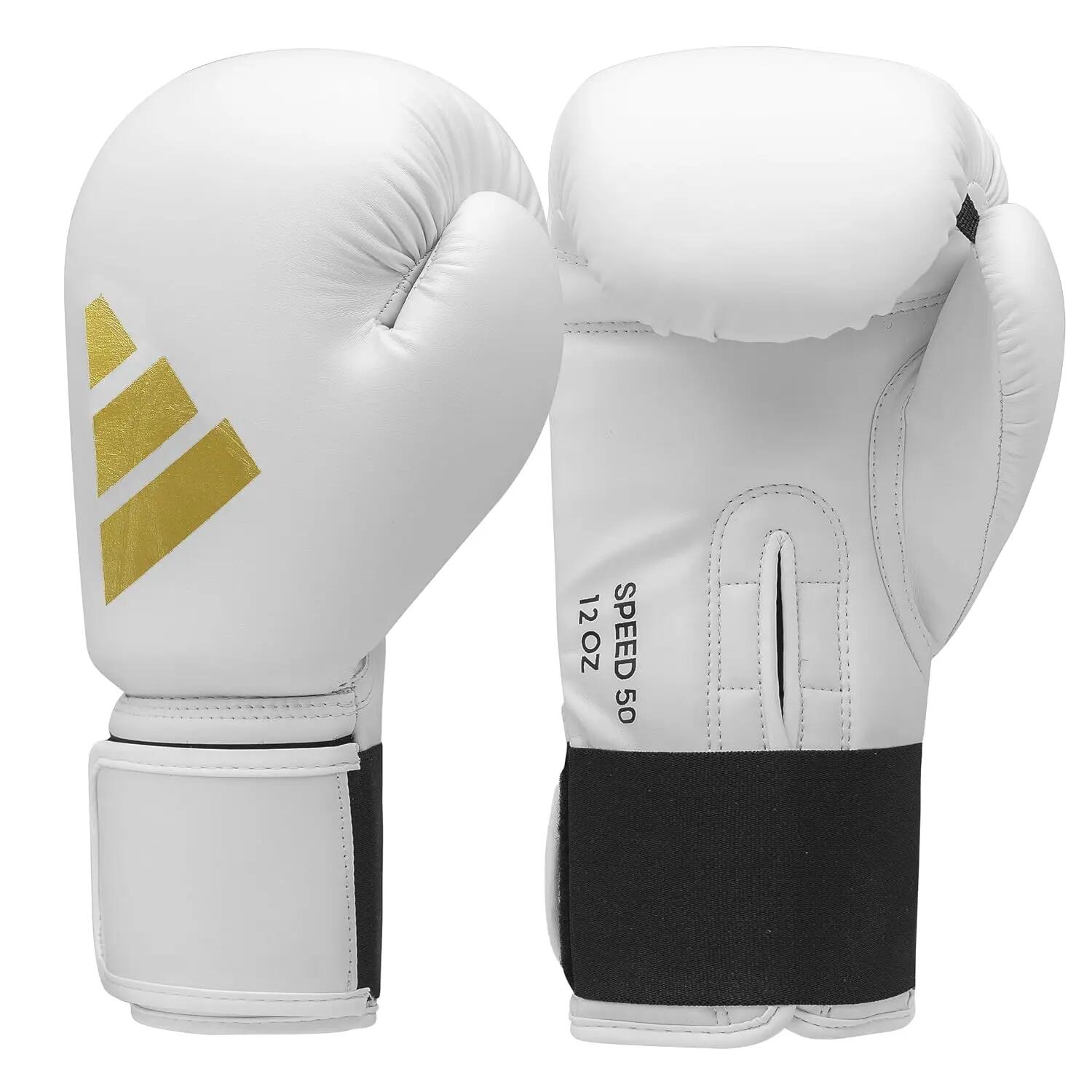 Adidas Speed 50 Boxing Gloves - Adult Heavy Bag Boxing Gloves for Men & Women Kickboxing Gloves for Women, MMA Sparring Gloves, Punching Bag Gloves for Men - White/Gold Met-image-2
