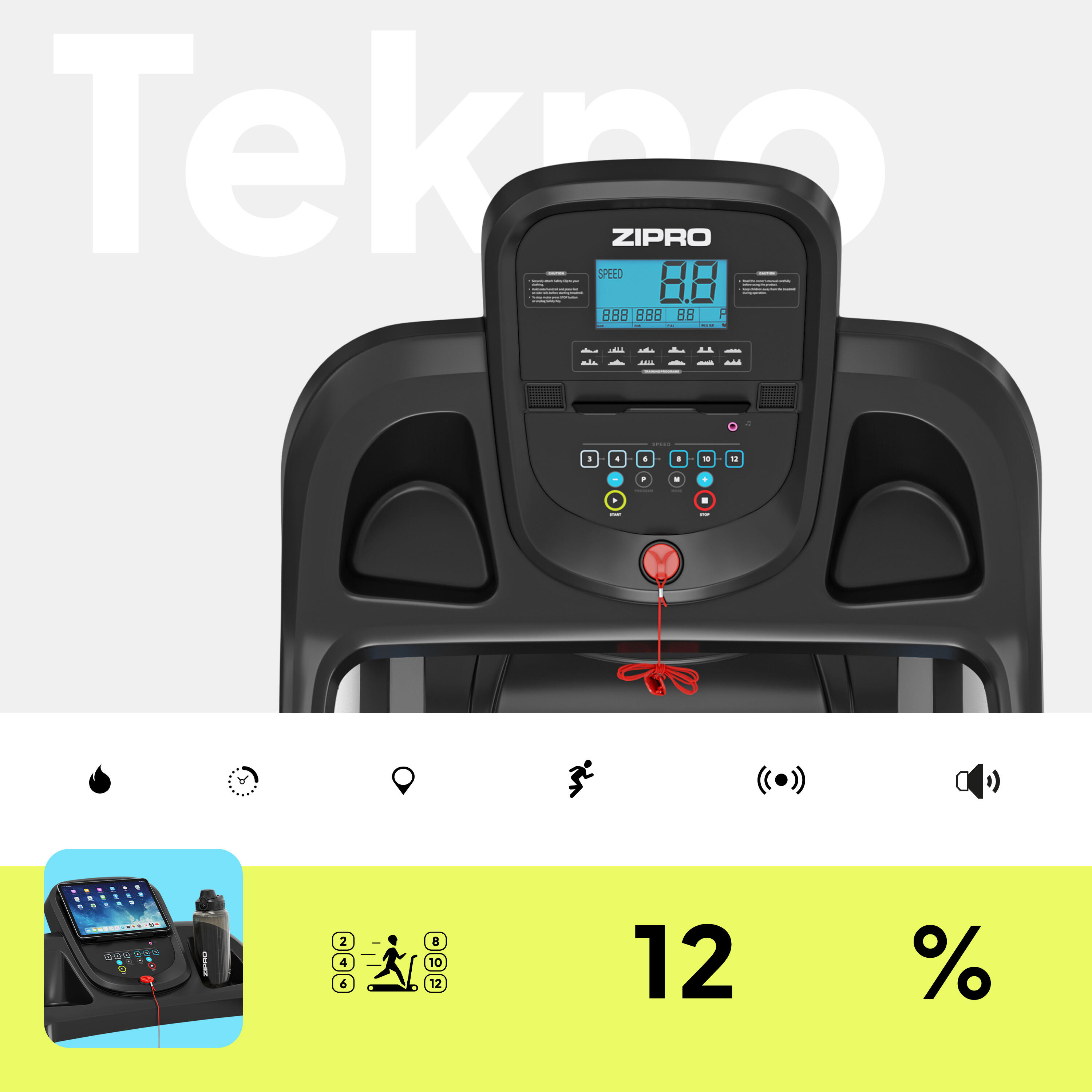 Laufband Zipro Tekno 120 x 40 cm, 14 km/h, Lautsprecher, LCD, MP3, 4° Neigung 8/10