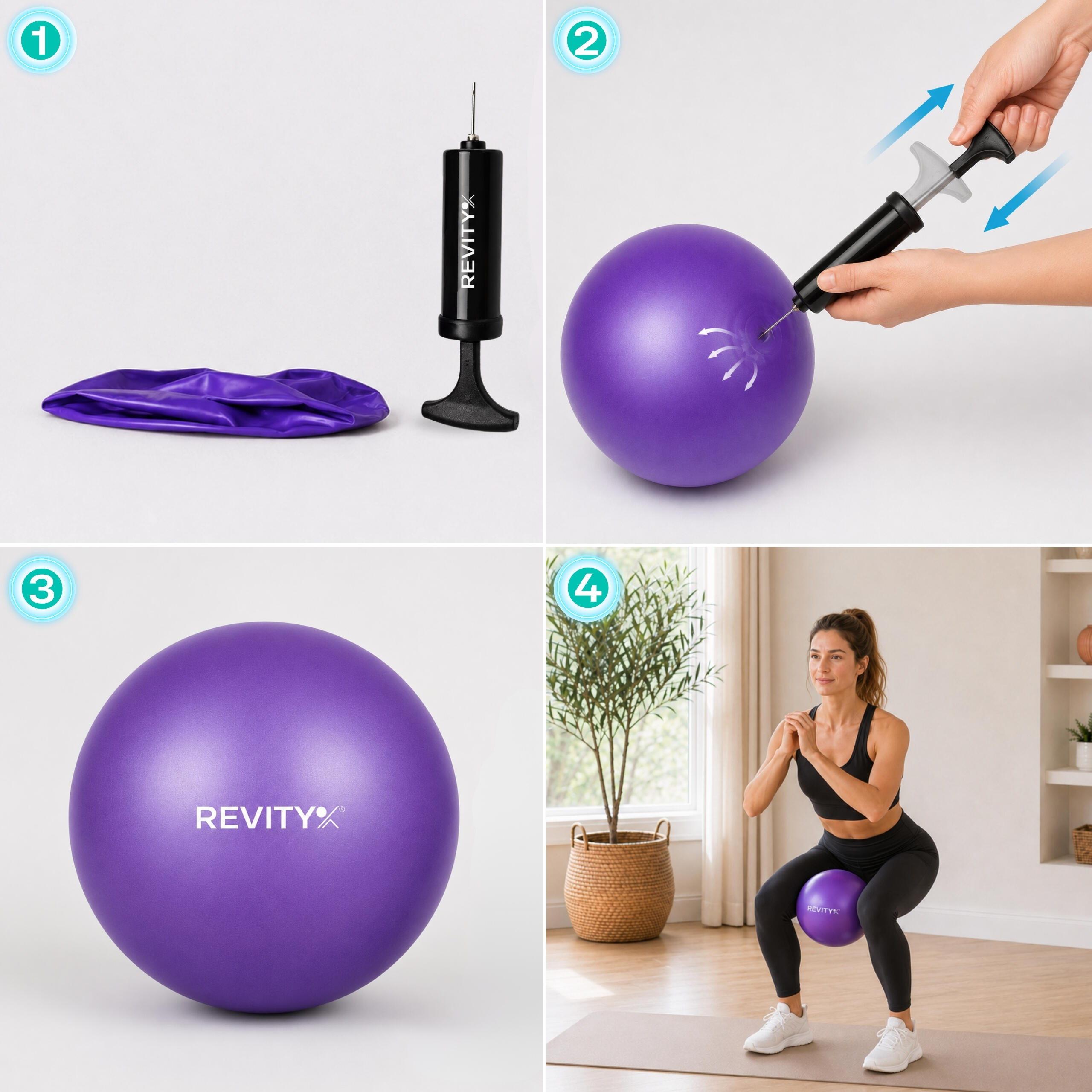 Gymbal Mini 22 cm,  paarse pilates- en fitnessbal met pomp, PDF-trainingsschema 7/10
