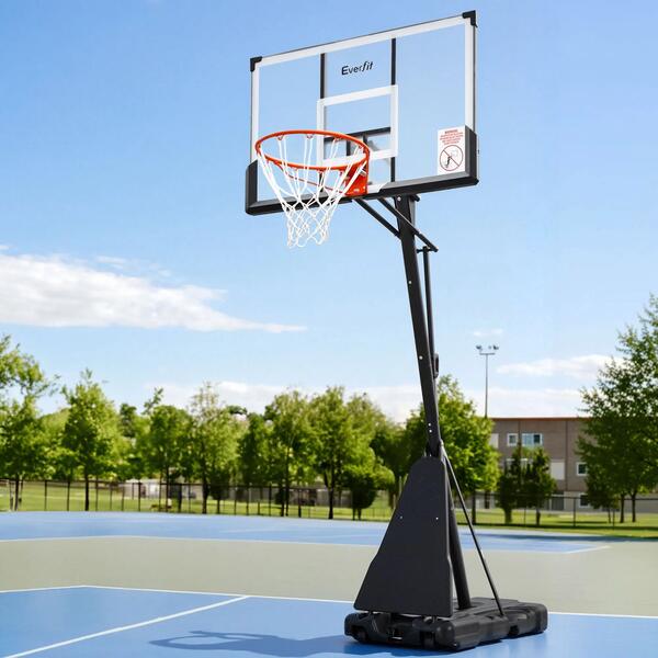 Portable basketball hoop on a height-adjustable stand