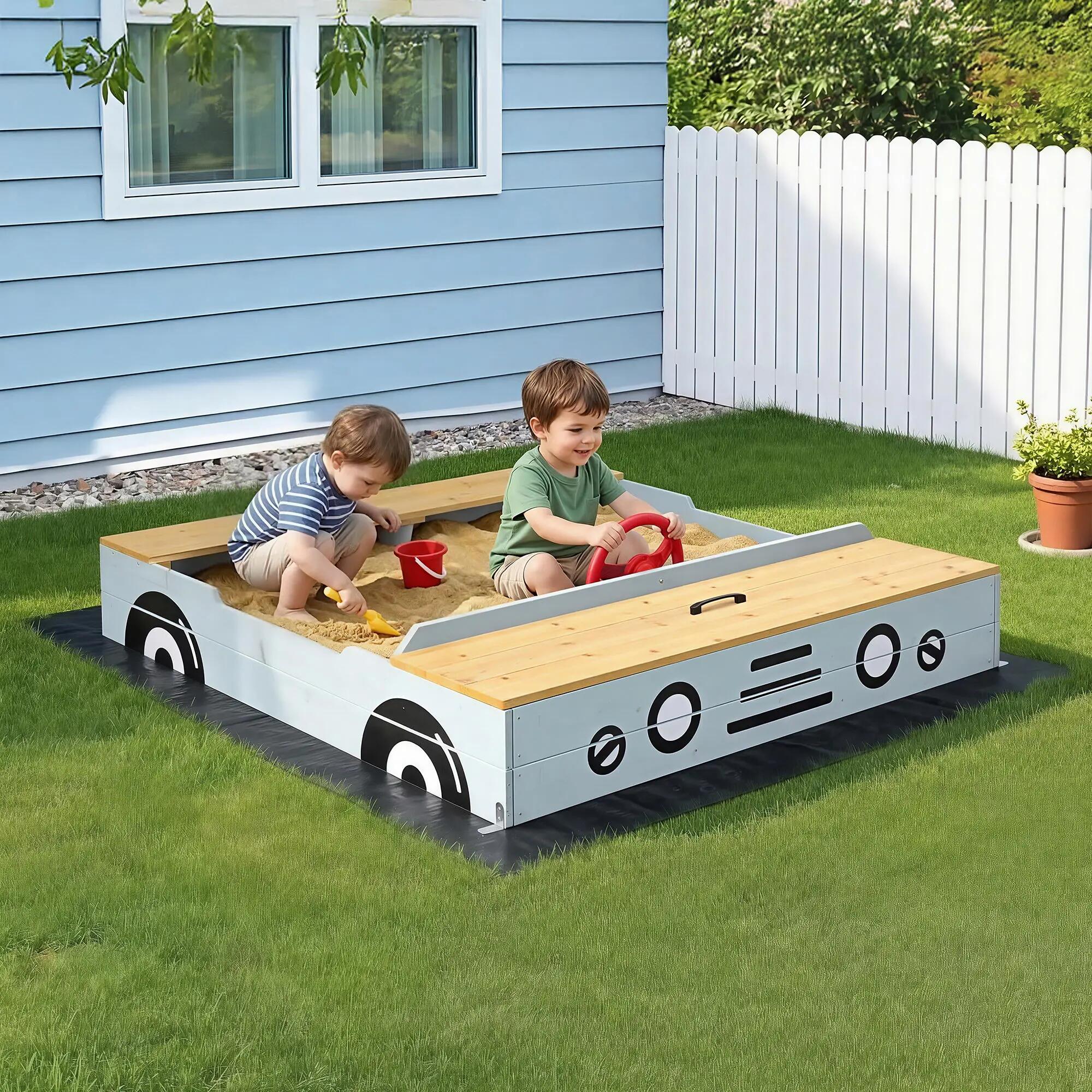 Keezi Wooden Car Sandpit Kids Sandbox Outdoor Play Toy w/ Storage Ground Sheet 1