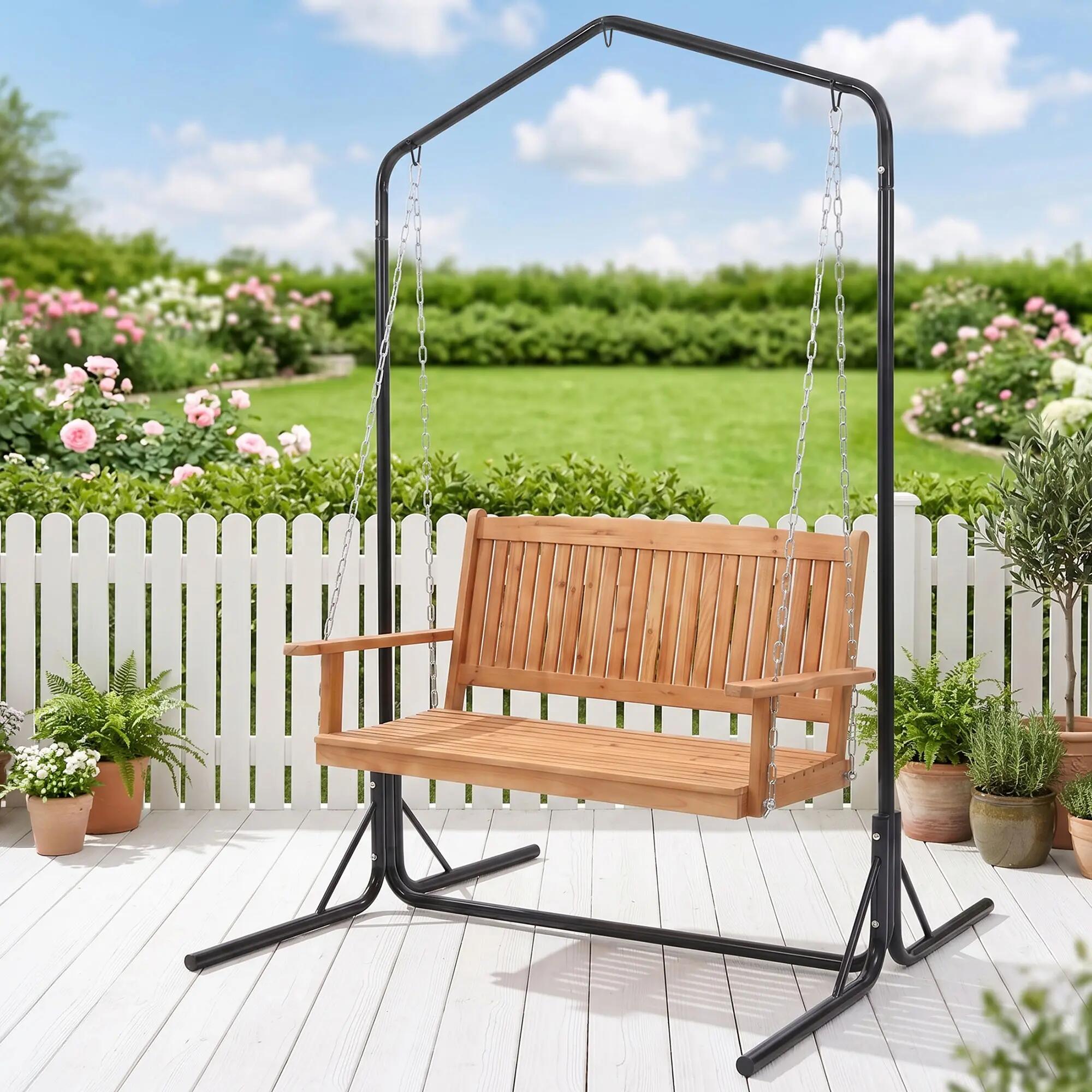 Gardeon Wooden 2-Seater Outdoor Swing Chair with Black Stand Hanging Chair Patio