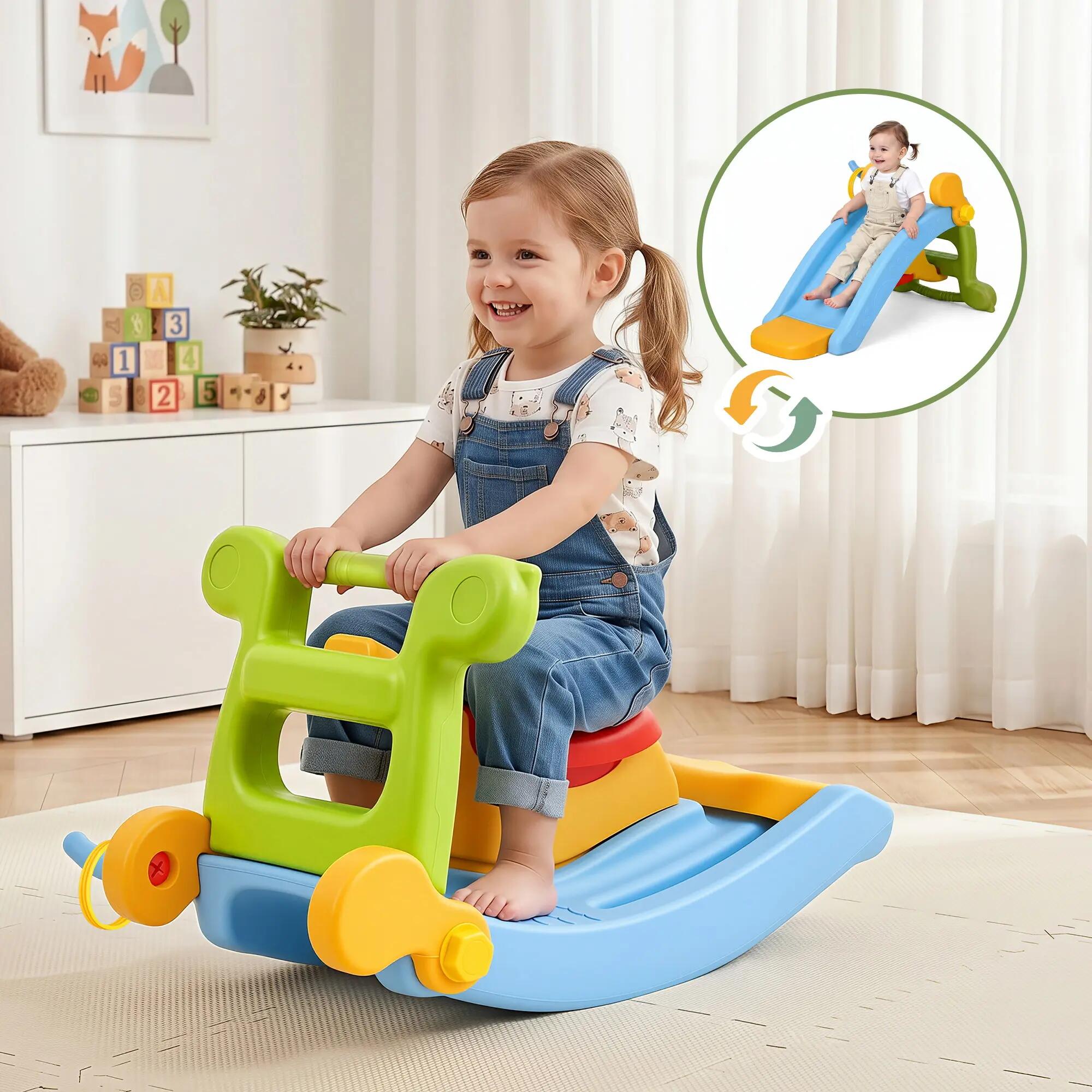 Keezi Kids Slide Set Toddler Indoor Playset Rocking Horse Ring Toss Multi Colour