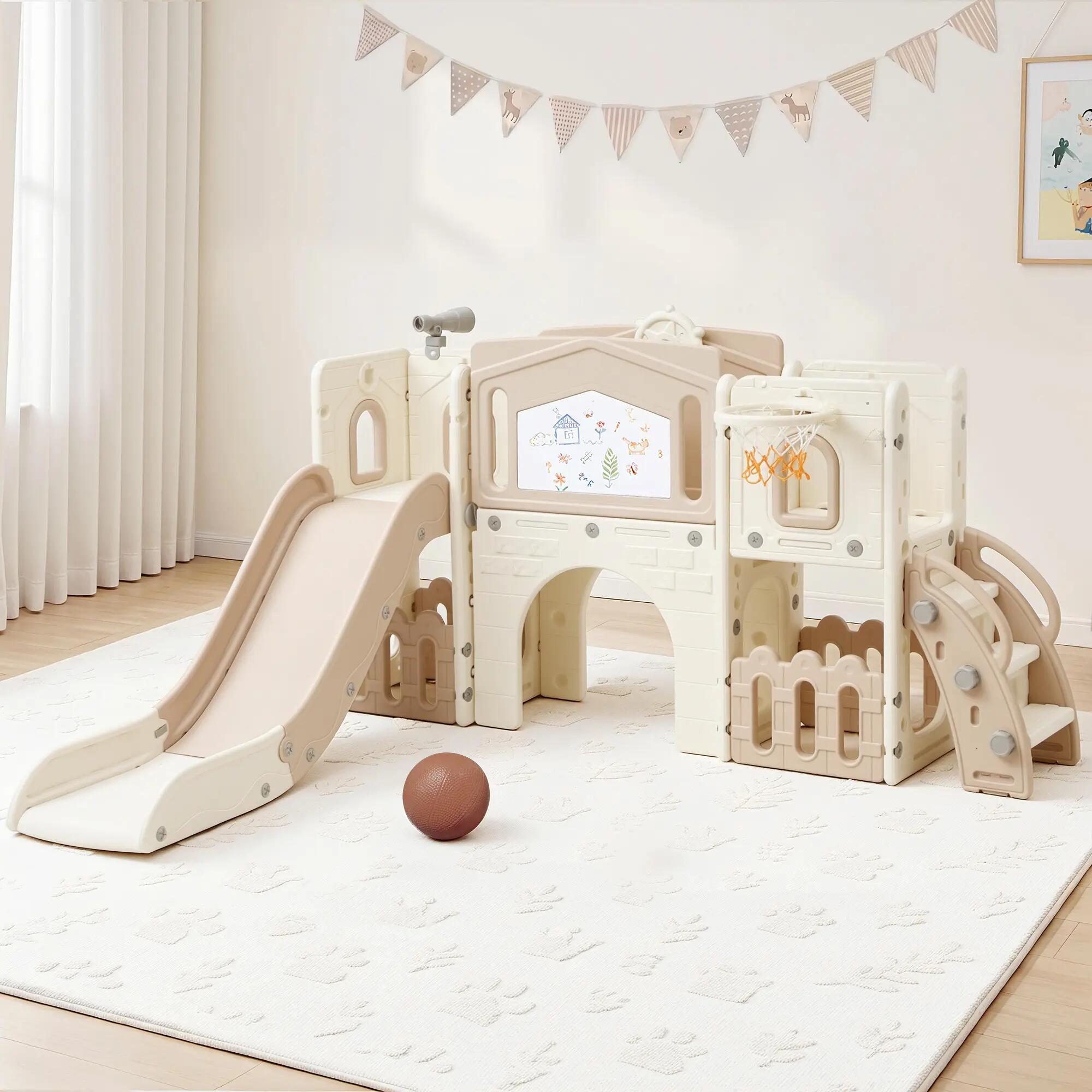 Keezi Kids Slide Set Toddler Indoor Playset With Drawing Board Beige