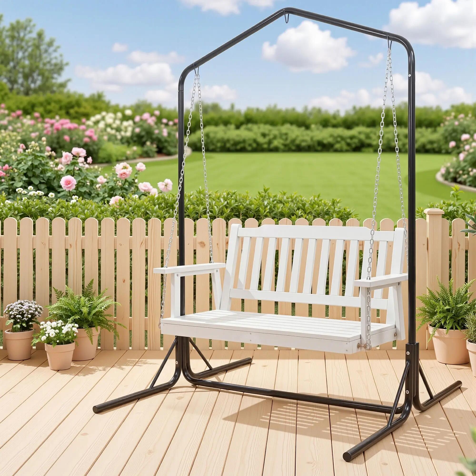 Gardeon Wooden 2-Seater Outdoor Swing Chair with Black Stand White Hanging Chair