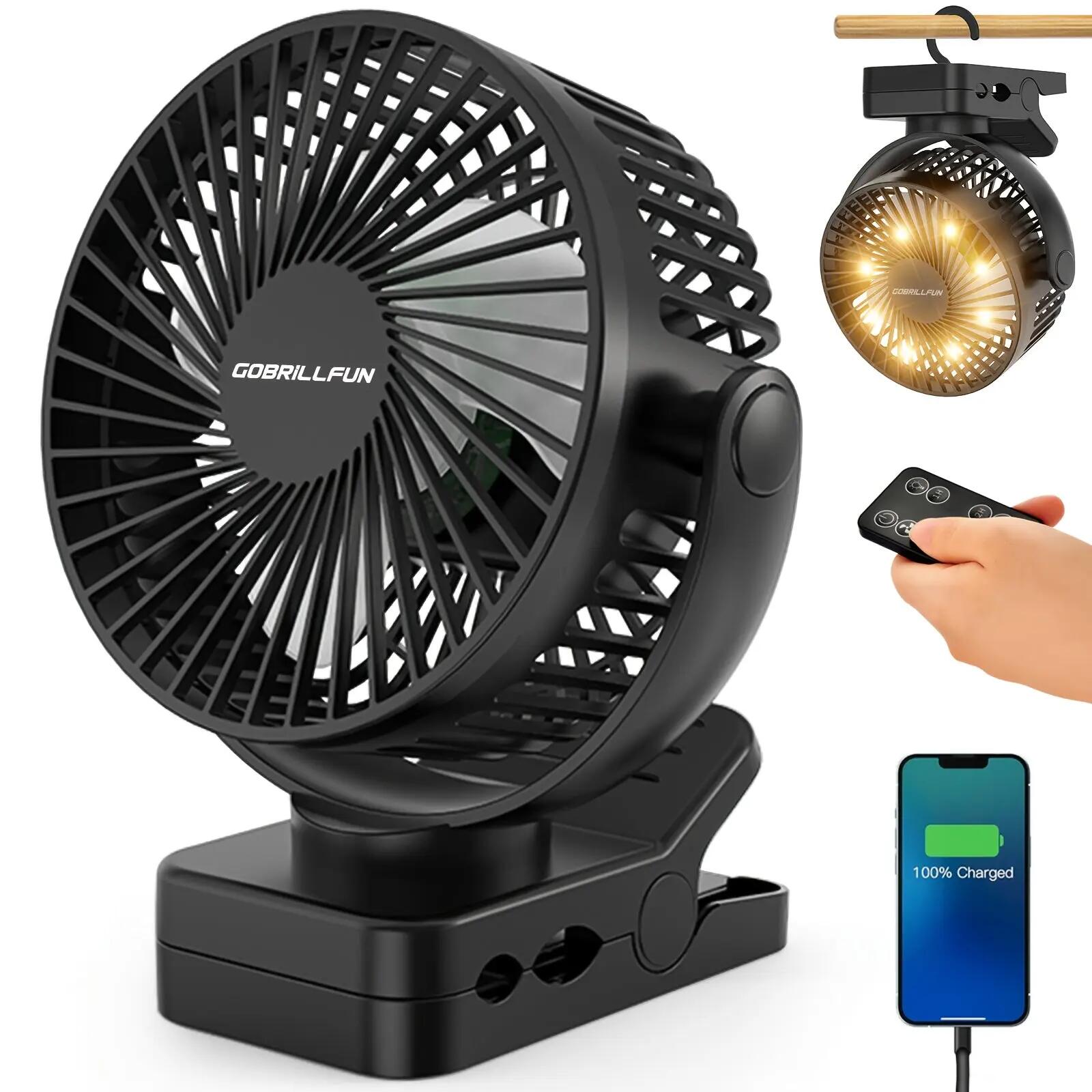 Portable Clip Fan USB Rechargeable with LED Light & Time
