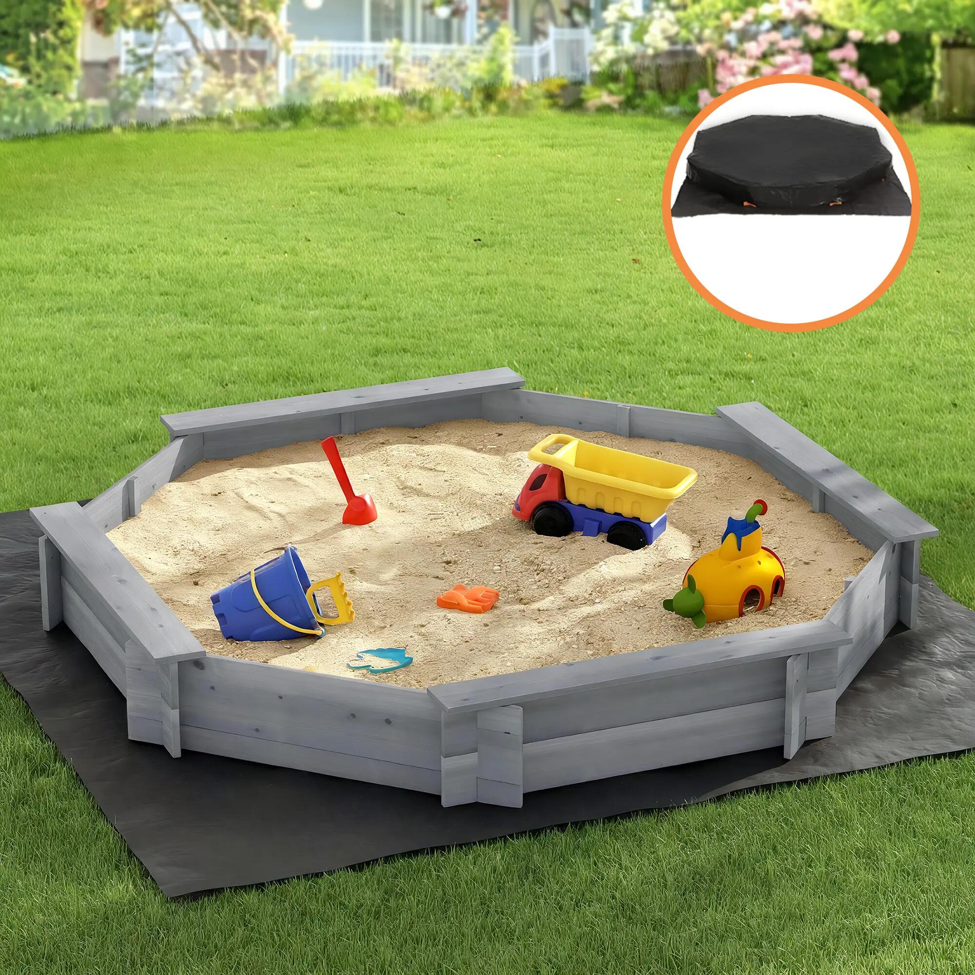 Keezi Kids Sandpit Wooden Round Sand Pit with Cover Bench Seat Beach Toys 182cm