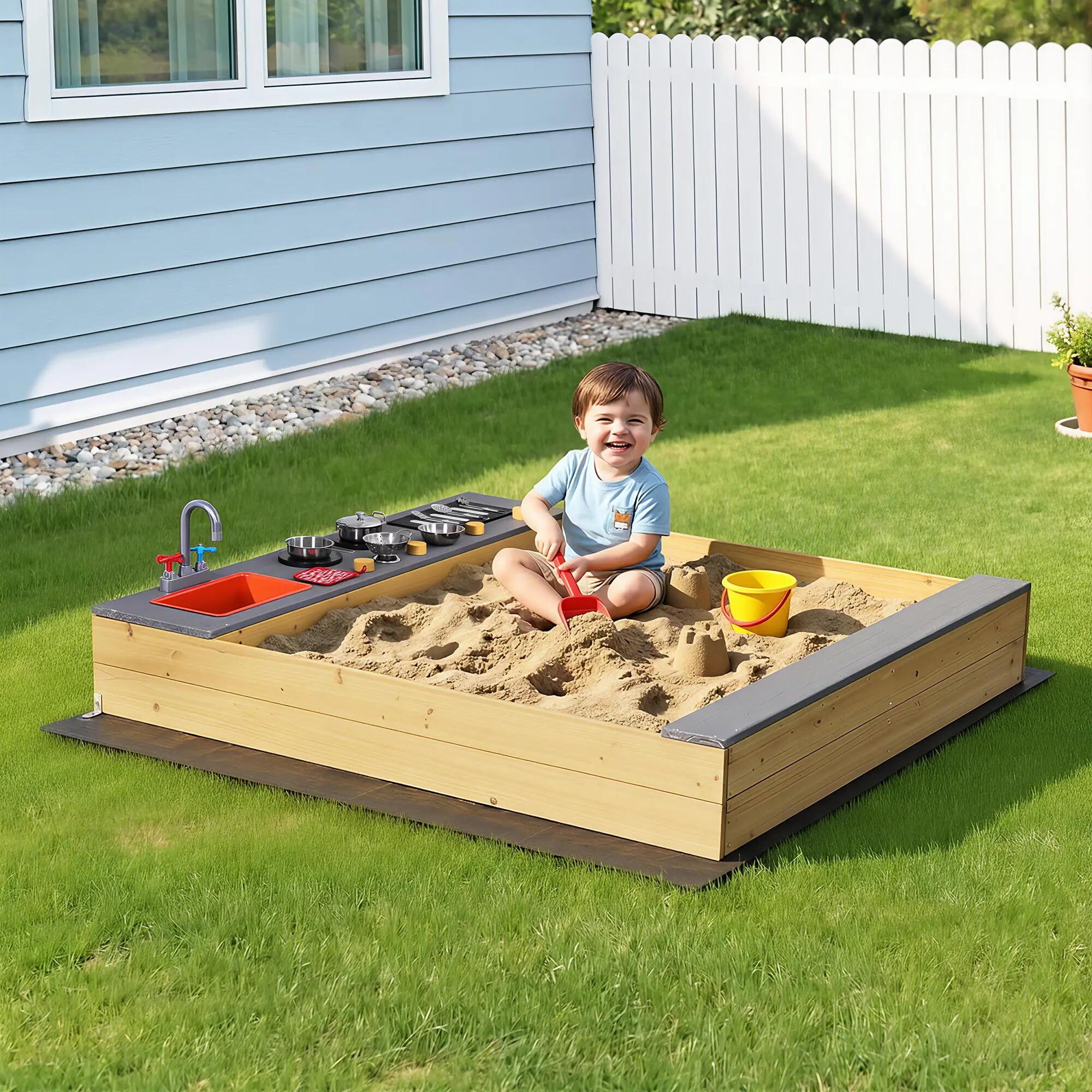 Keezi Wooden Sandpit Sand Pit Outdoor Kids Toy Box Mud Kitchen Sink Storage Benc