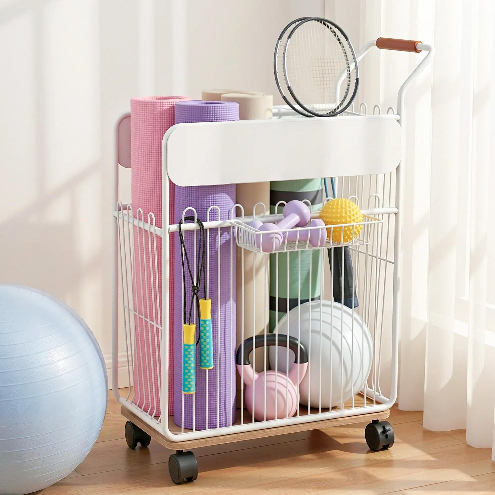 Everfit Yoga Mat Storage Rack Mobile Holder with Wheels Basket Home Gym Storage