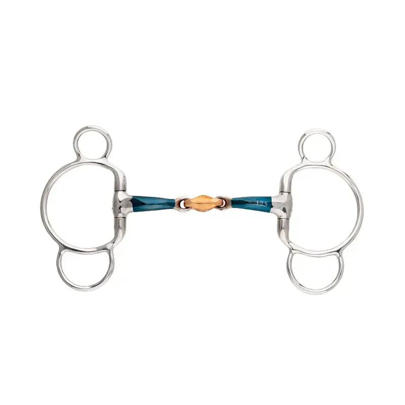 3 or 4-ring snaffle bit with double joint and locking mechanism for horses Kaval