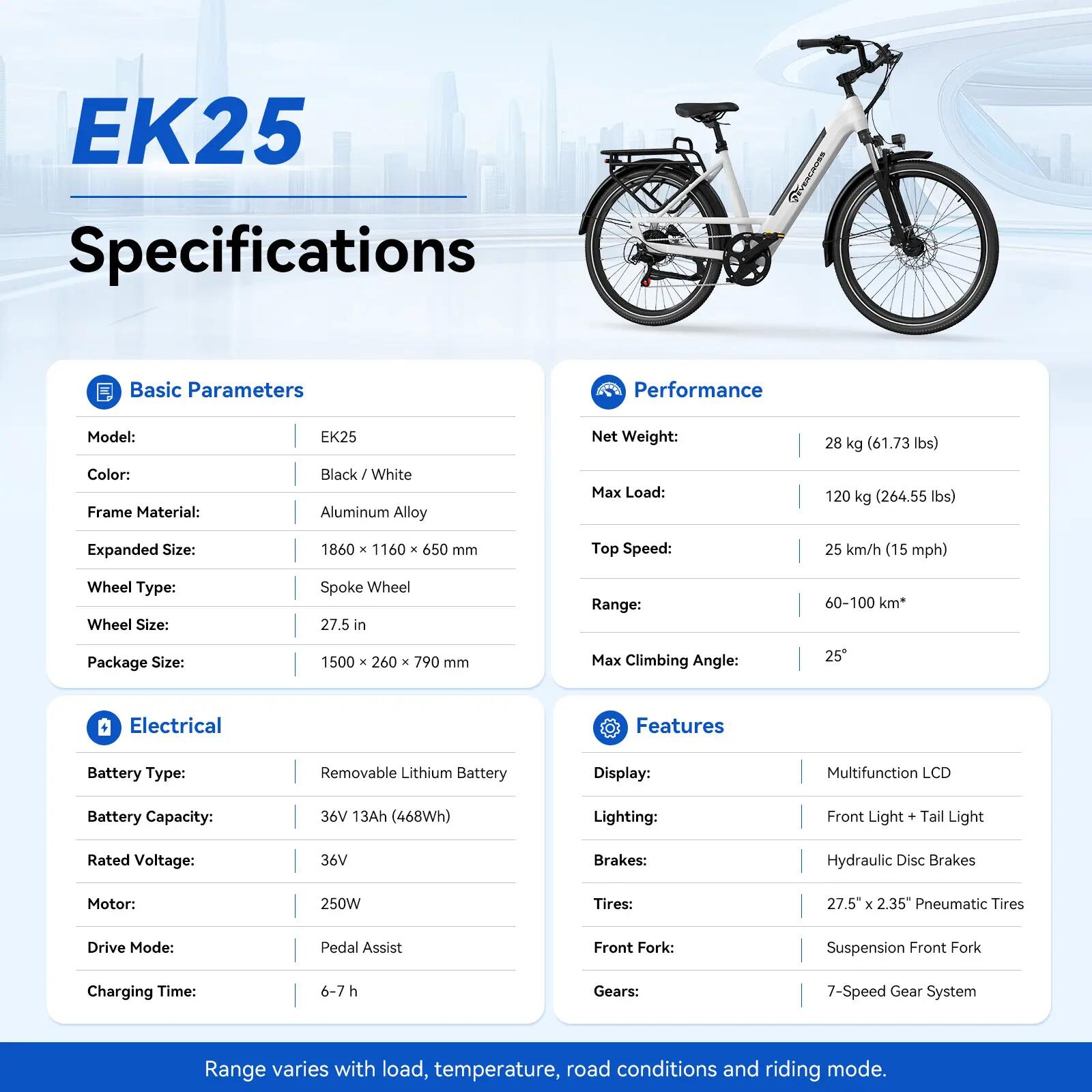 Bicicleta eléctrica adulto 27,5" EK25 - Sensor de par, 250W, 36V 13Ah, NFC, APP 15/15