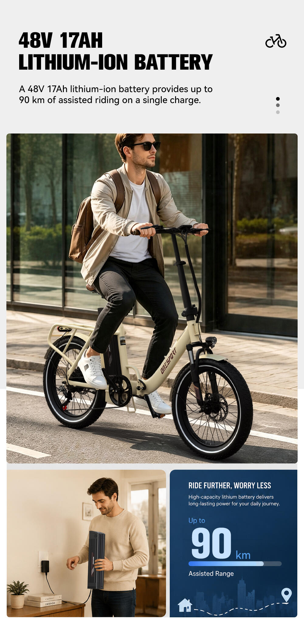 Vélo électrique pour adultes ONESPORT OT16Pro Batterie 48V 17AH 12/15