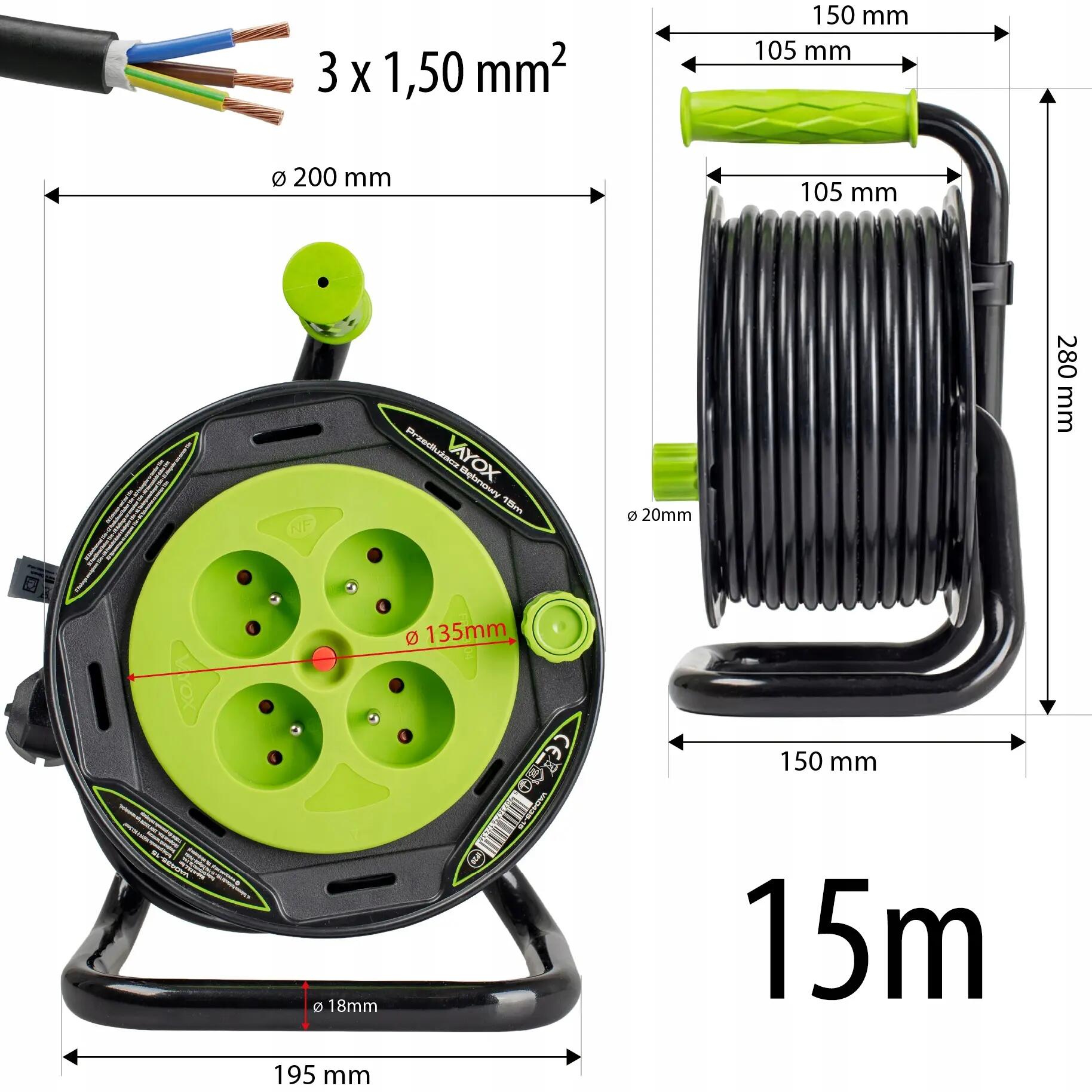 Przedłużacz bębnowy Vayox VA0435 3x1,5mm² 4 gniazda IP20 3/4