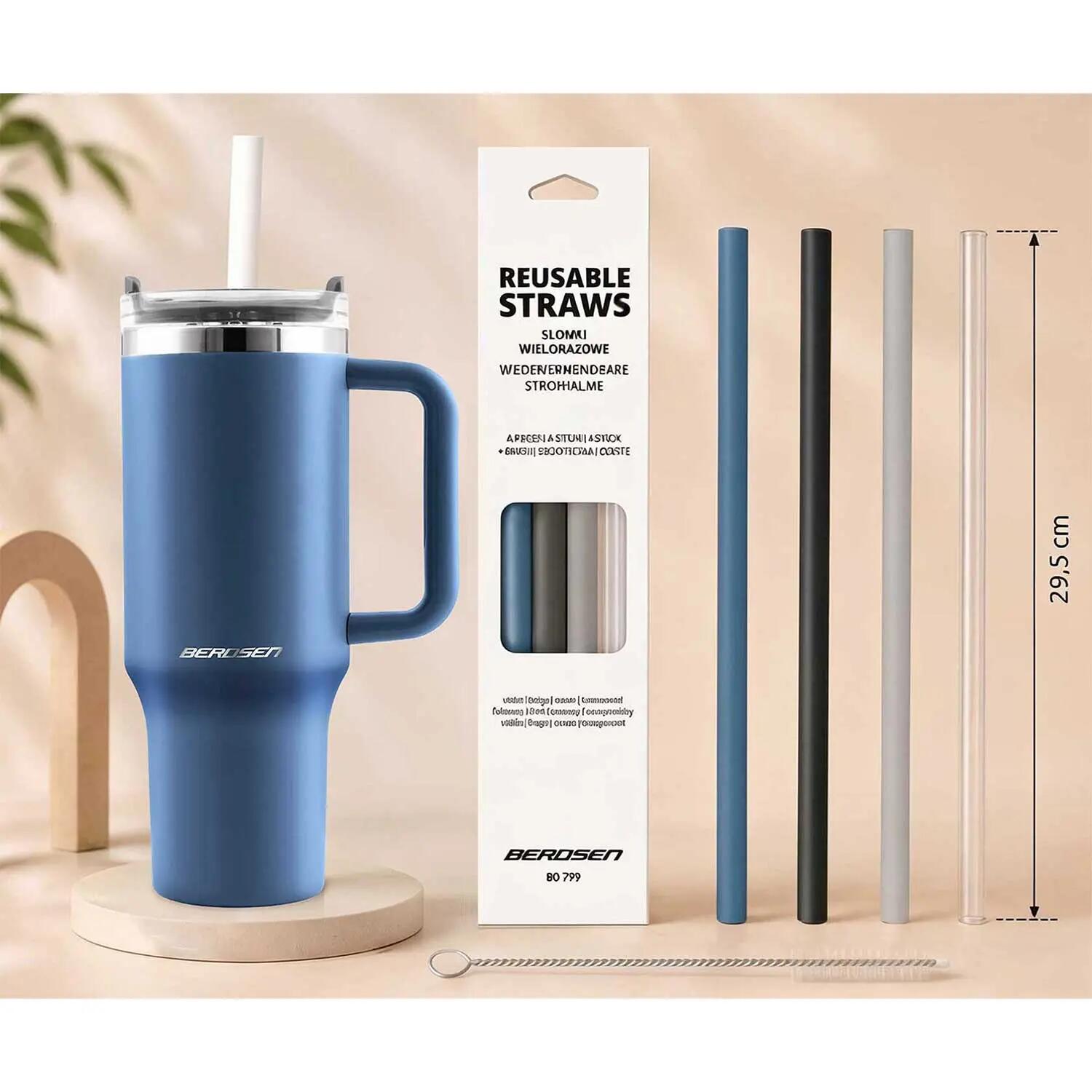 Kubek termiczny Berdsen granatowy 1180ml stal nierdzewna + zestaw słomek 3/10
