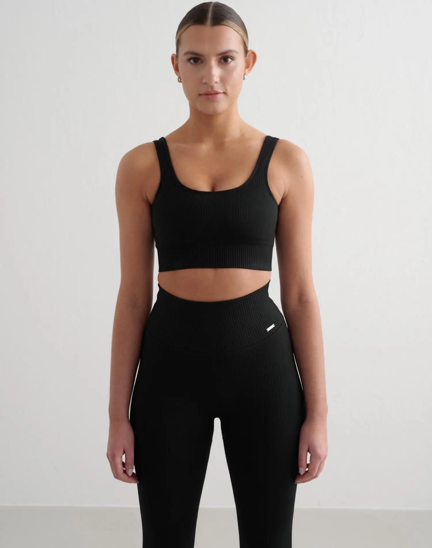 Damen Leggings Gerippt Nahtlos Extra Lang Hoher Bund Schwarz 5/5