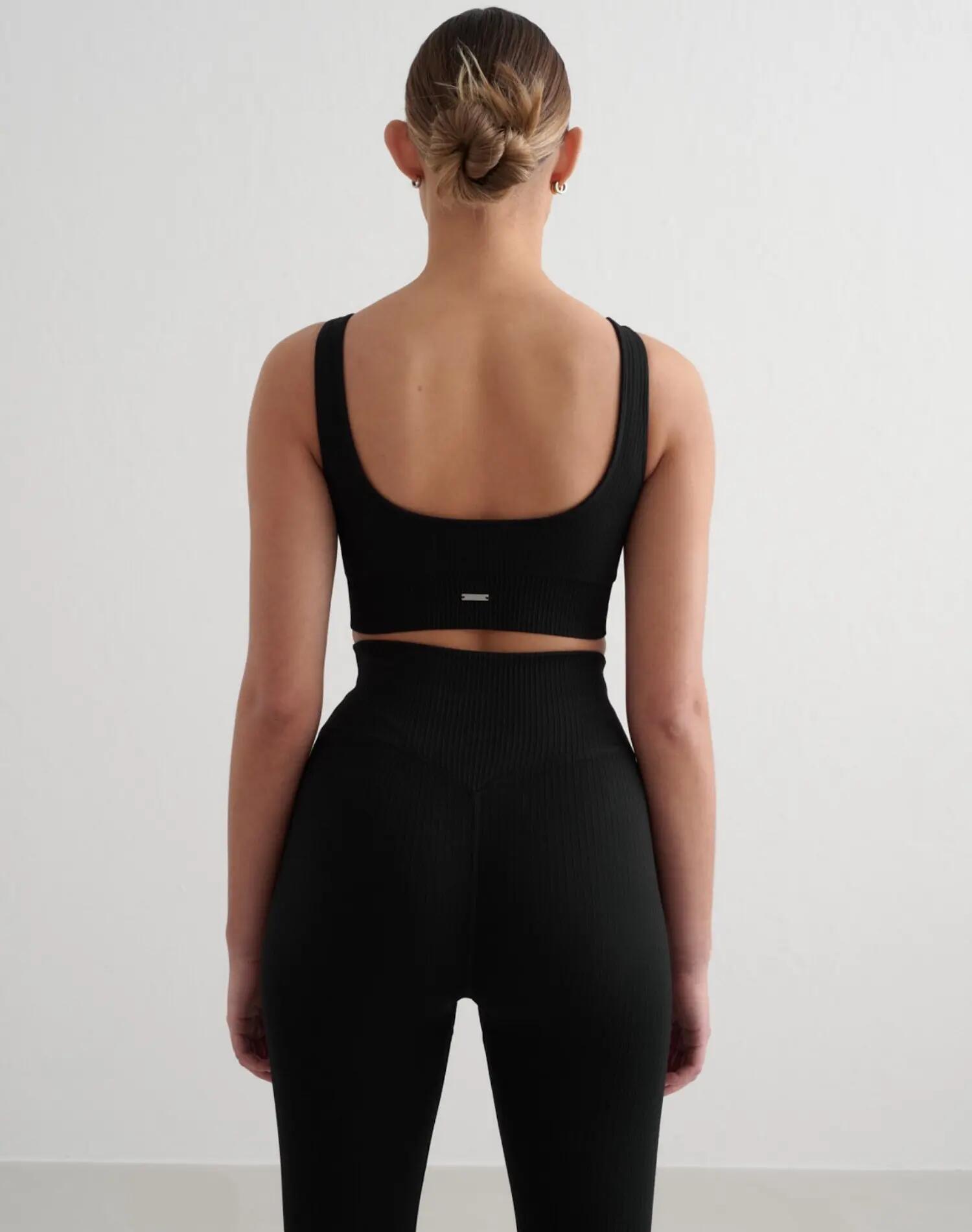 Damen Leggings Gerippt Nahtlos Extra Lang Hoher Bund Schwarz 4/5