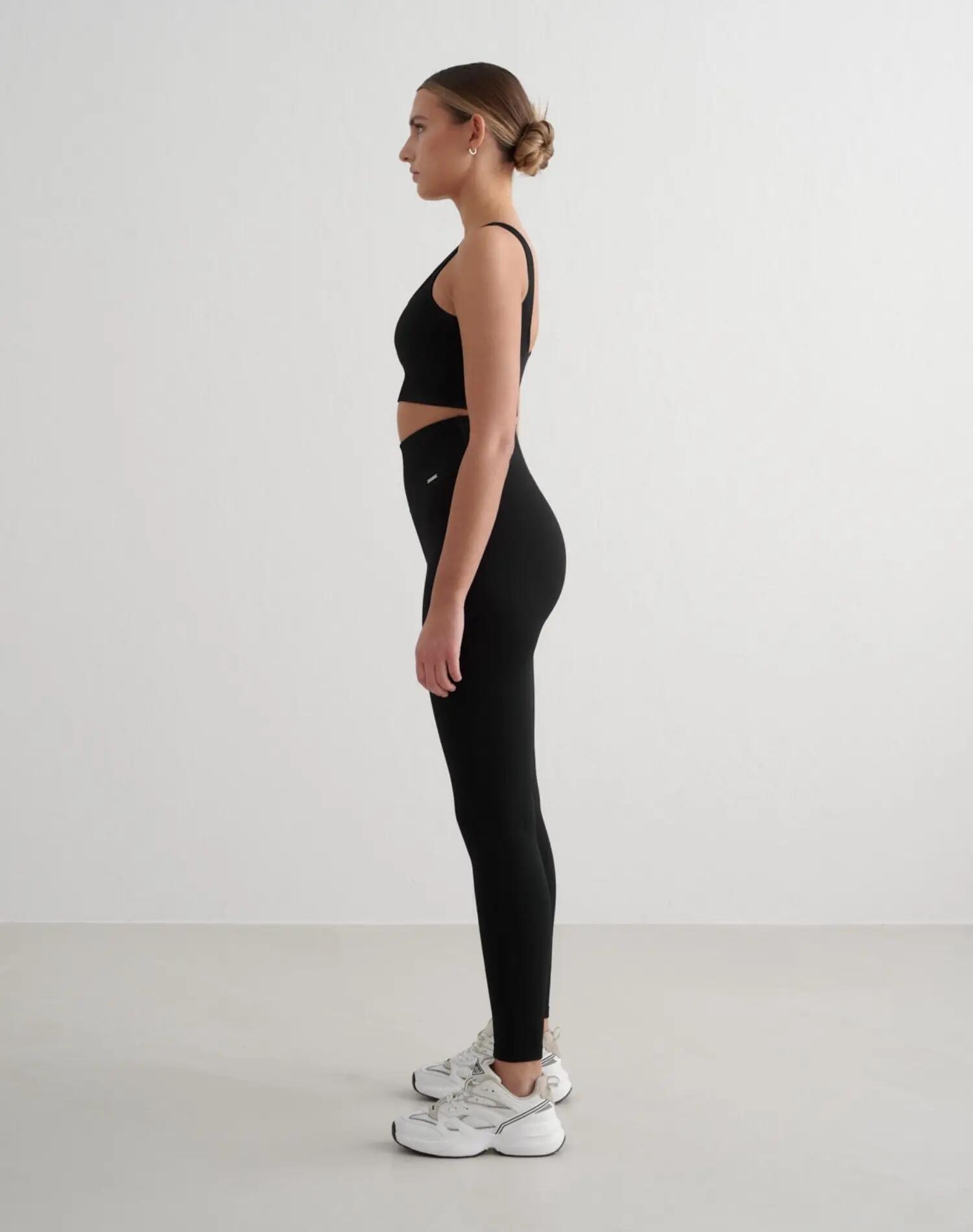 Damen Leggings Gerippt Nahtlos Extra Lang Hoher Bund Schwarz 3/5