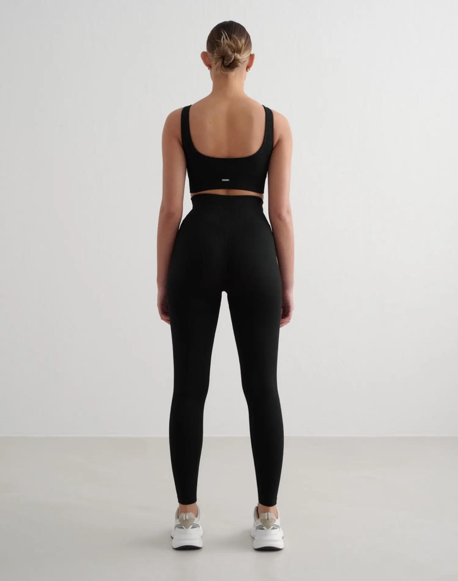 Damen Leggings Gerippt Nahtlos Extra Lang Hoher Bund Schwarz 2/5