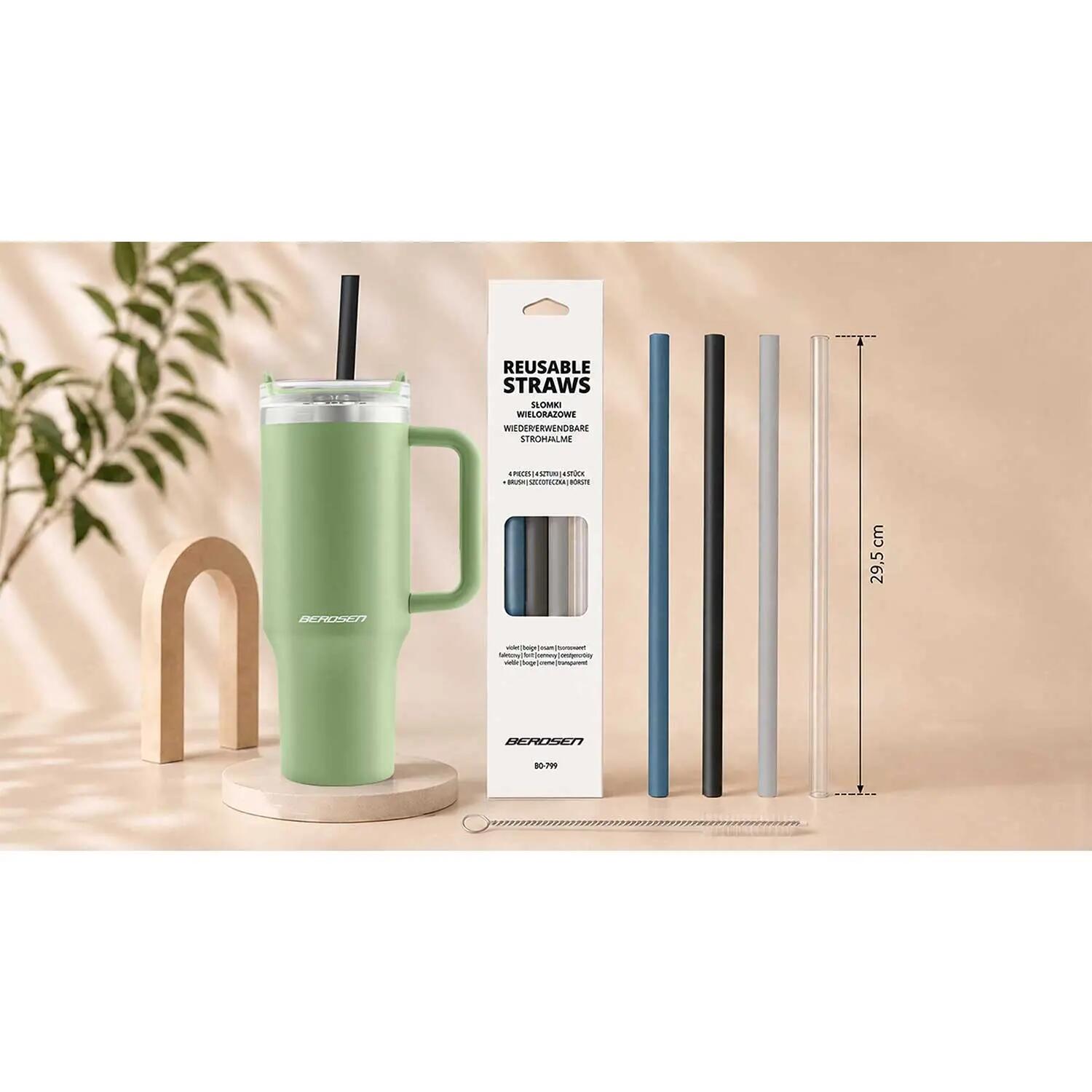 Słomki do kubka Berdsen plastikowe wielorazowe zestaw 4 szt + szczoteczka 7/9