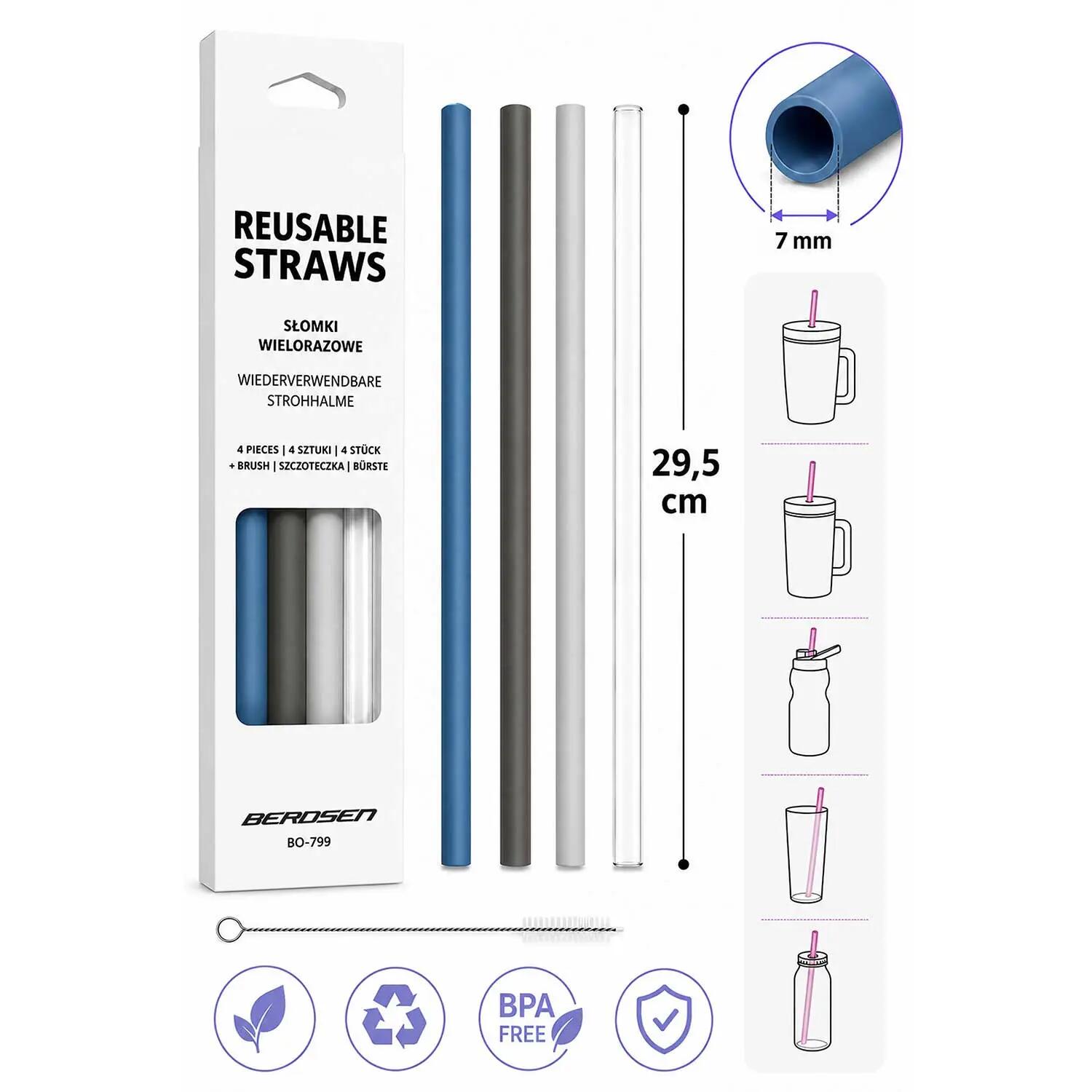 Słomki do kubka Berdsen plastikowe wielorazowe zestaw 4 szt + szczoteczka 3/9