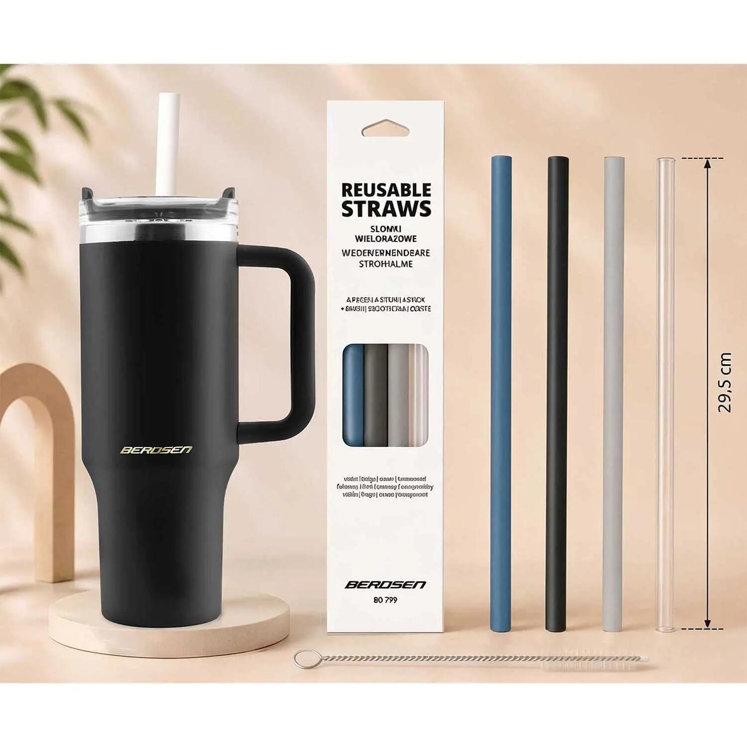Kubek termiczny Berdsen czarny 1180ml stal nierdzewna + zestaw słomek 4/9
