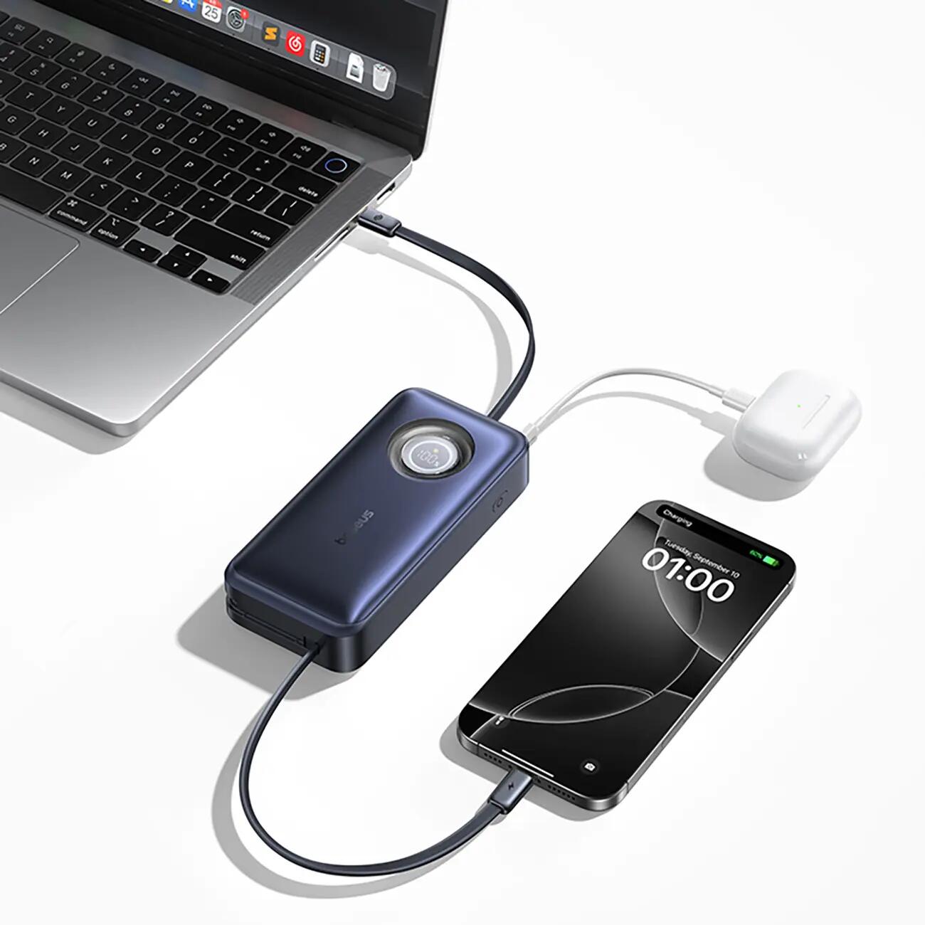Powerbank Baseus 20000 mAh 100W 2 zwijane kable USB-C 5/7