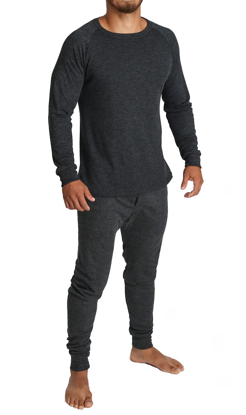Mens Merino Wool Thermal Top & Long Johns Set - Black (2pcs)